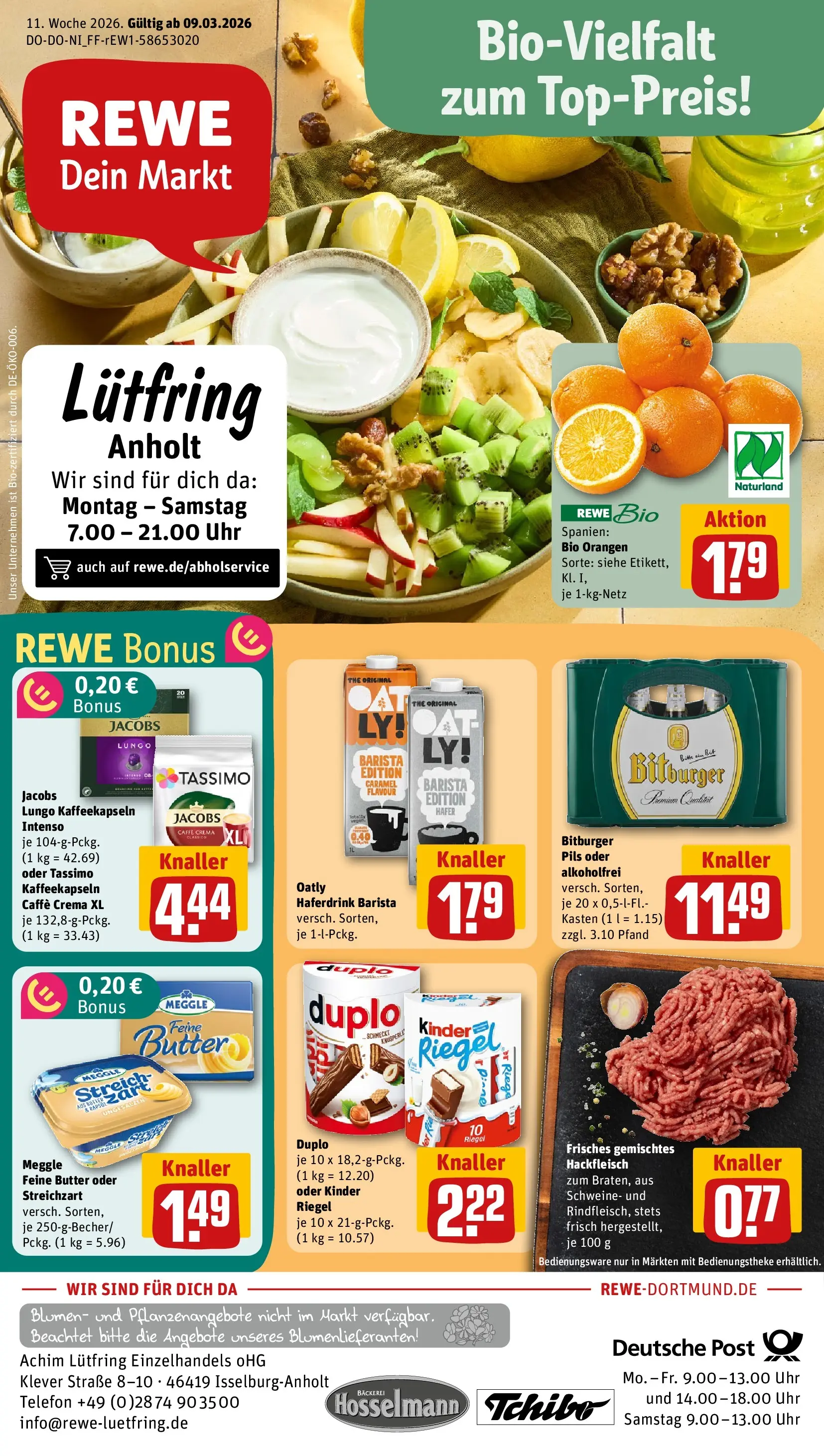 REWE Prospekt ab 09.03.2026 zum Blättern » Angebote | Seite: 1 | Produkte: Pils, Kinder riegel, Tassimo, Uhr