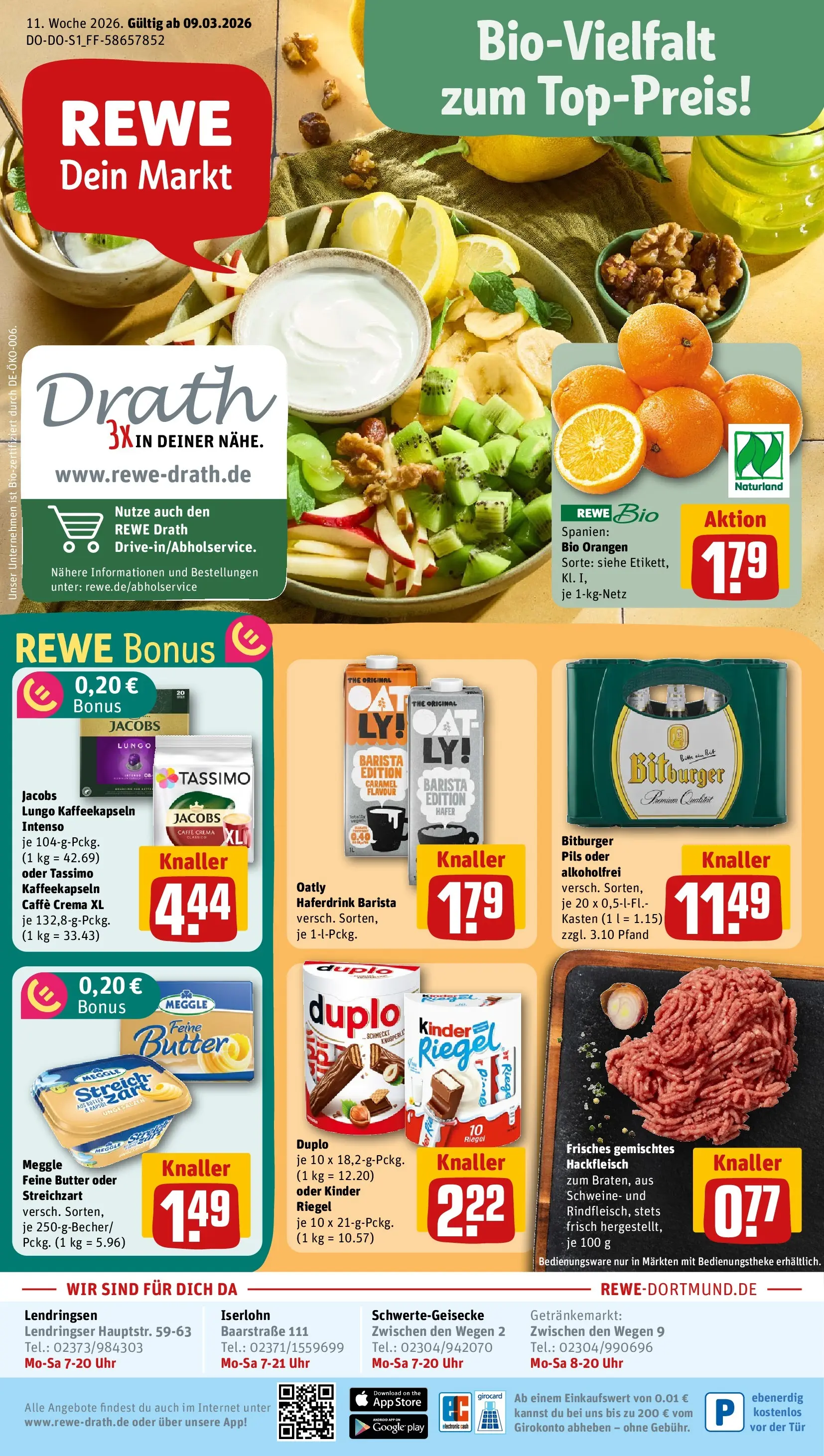 REWE Prospekt ab 09.03.2026 zum Blättern » Angebote | Seite: 1 | Produkte: Pils, Tür, Orangen, Kinder riegel