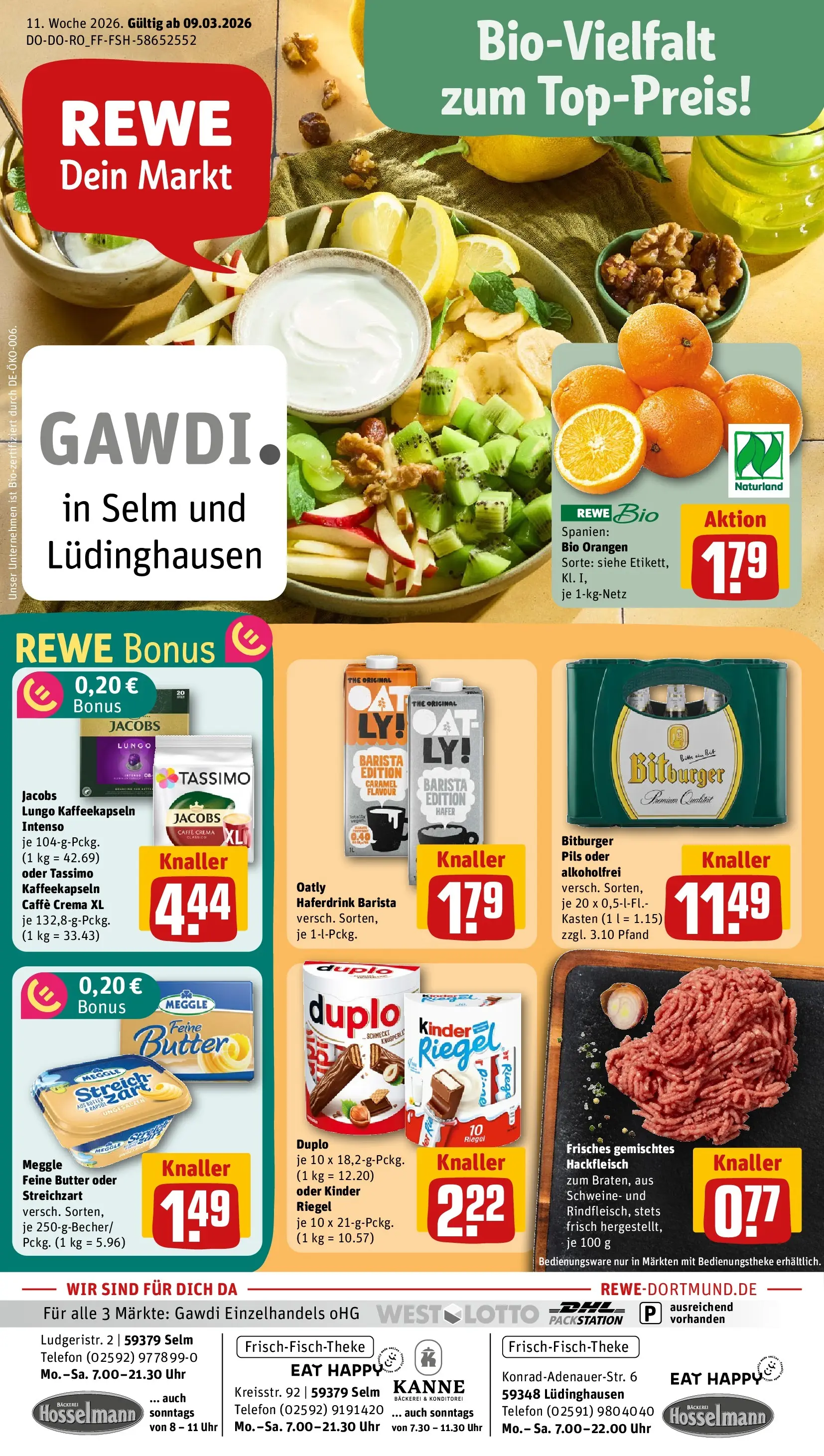 REWE Prospekt ab 09.03.2026 zum Blättern » Angebote | Seite: 1 | Produkte: Kinder riegel, Oatly, Duplo riegel, Tassimo