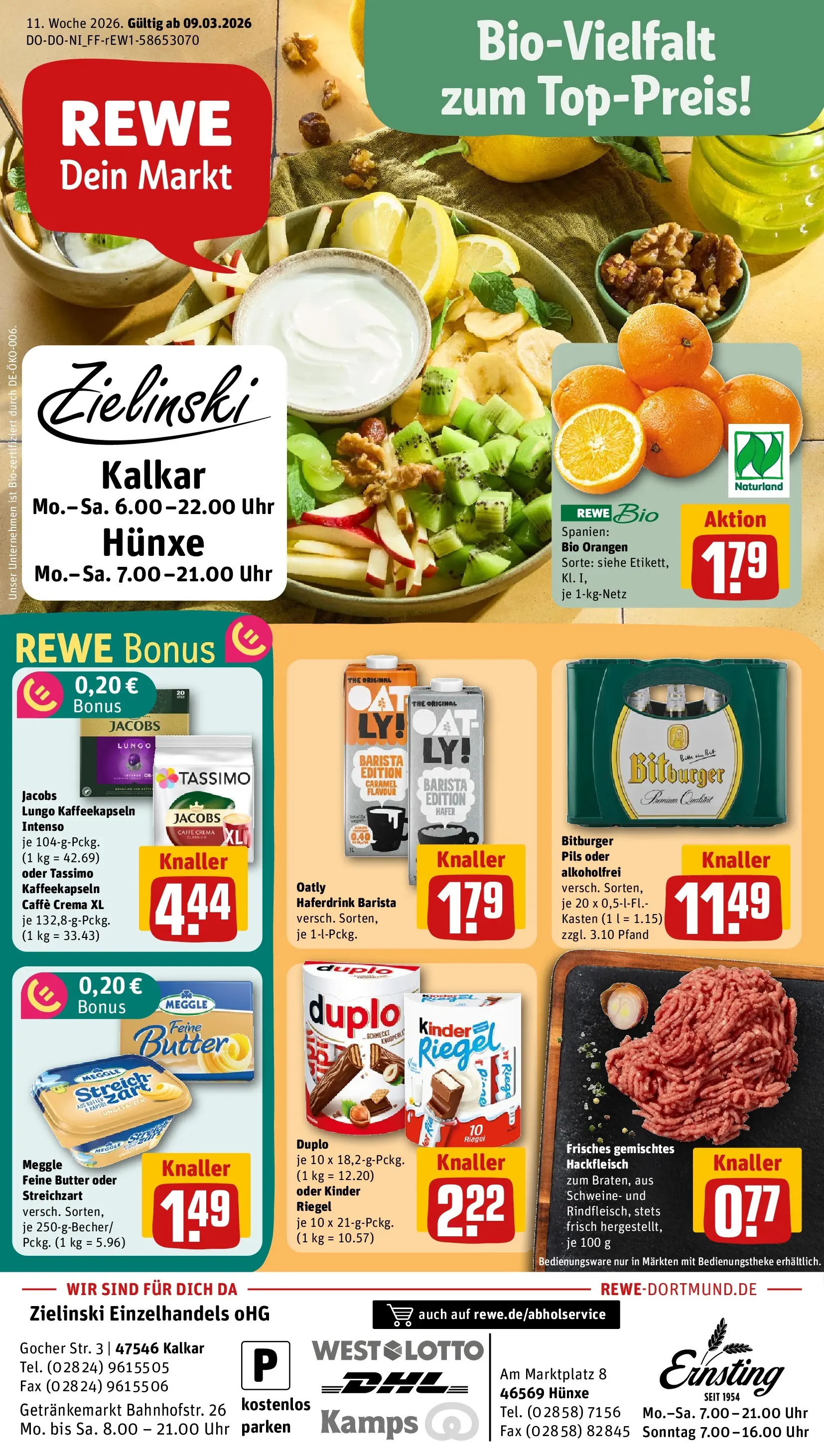 REWE Prospekt ab 09.03.2026 zum Blättern » Angebote | Seite: 1 | Produkte: Kinder riegel, Oatly, Tassimo, Uhr