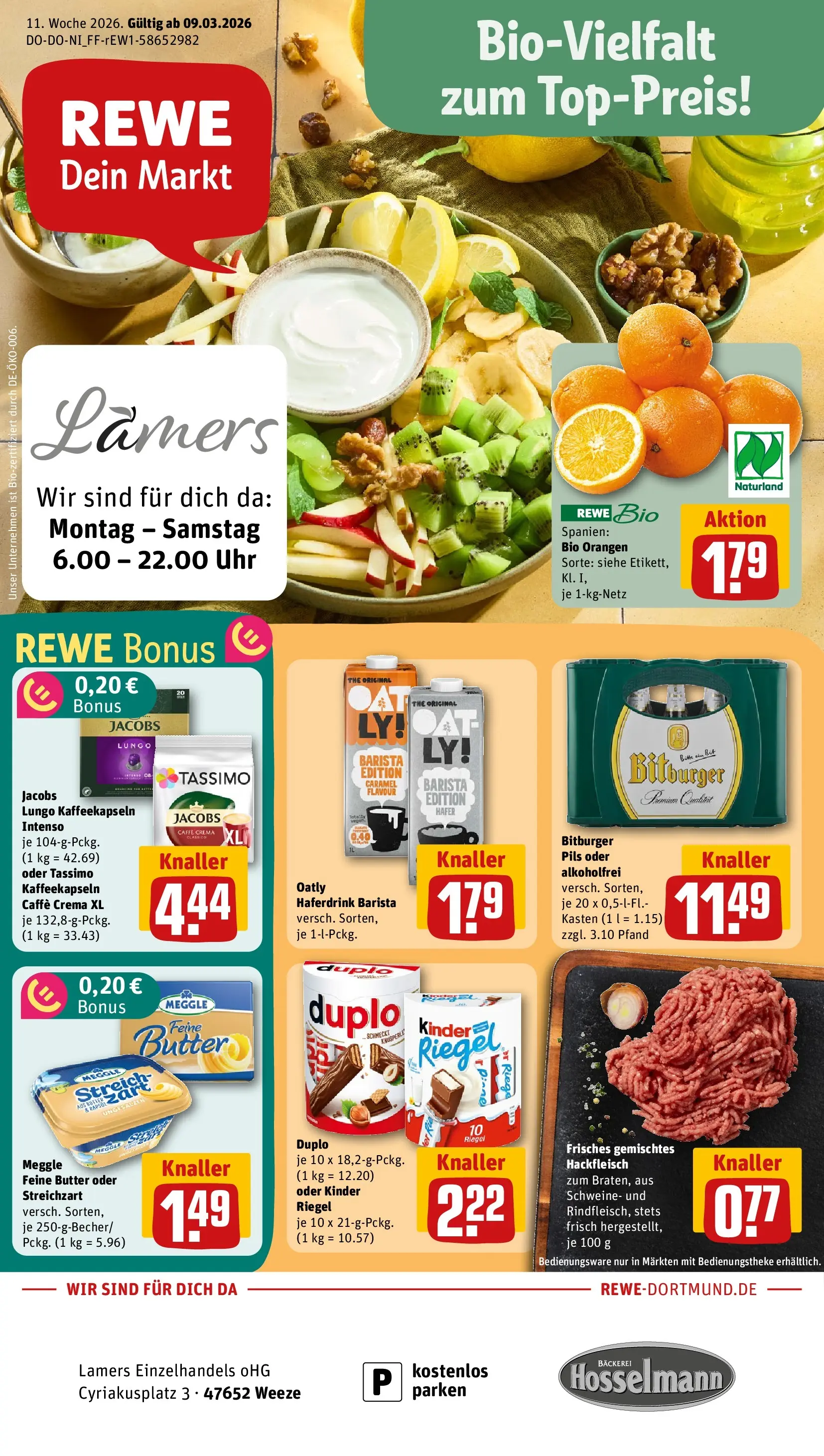REWE Prospekt ab 09.03.2026 zum Blättern » Angebote | Seite: 1 | Produkte: Bitburger, Kinder riegel, Haferdrink, Meggle butter