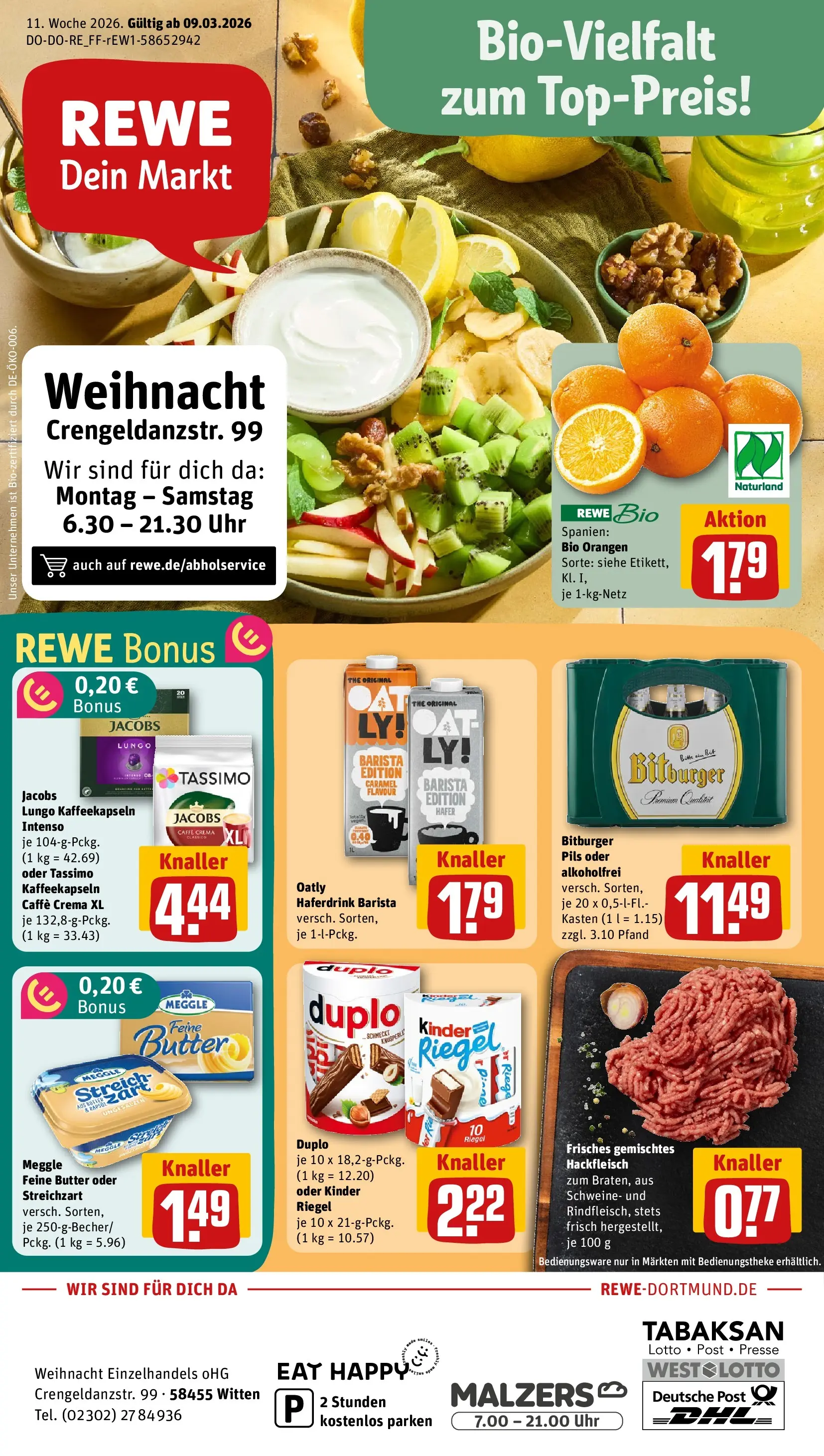 REWE Prospekt ab 09.03.2026 zum Blättern » Angebote | Seite: 1 | Produkte: Bitburger, Orangen, Haferdrink, Oatly
