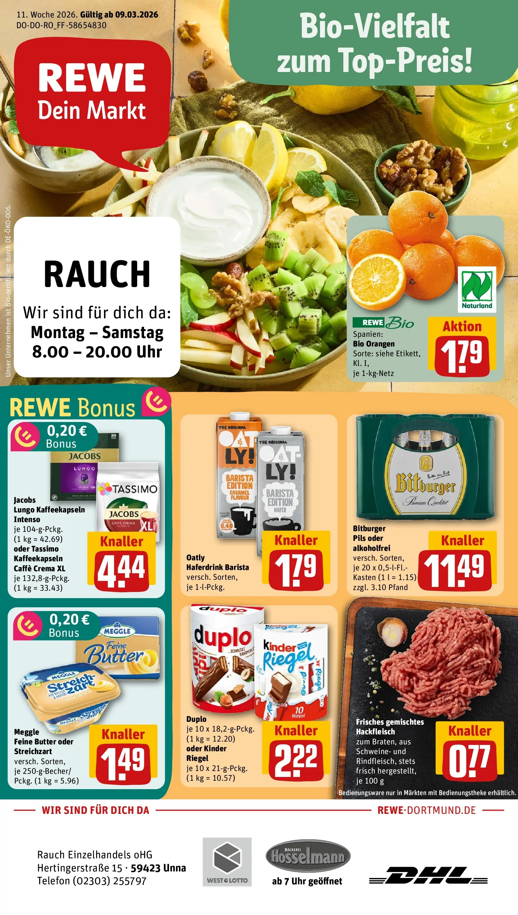 REWE Prospekt ab 09.03.2026 zum Blättern » Angebote | Seite: 1 | Produkte: Butter, Orangen, Kinder riegel, Tassimo