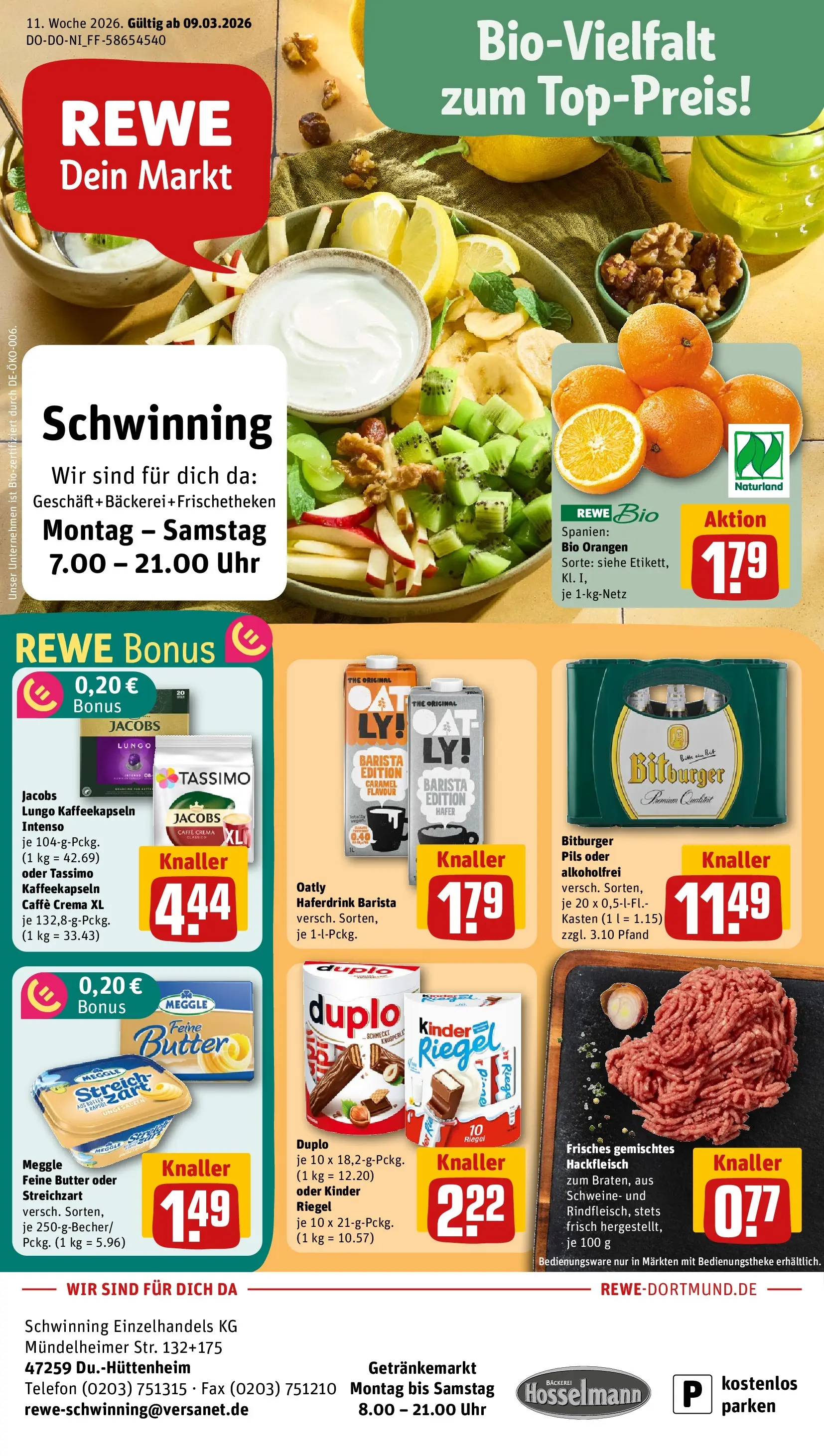 REWE Prospekt ab 09.03.2026 zum Blättern » Angebote | Seite: 1 | Produkte: Pils, Duplo riegel, Telefon, Hackfleisch