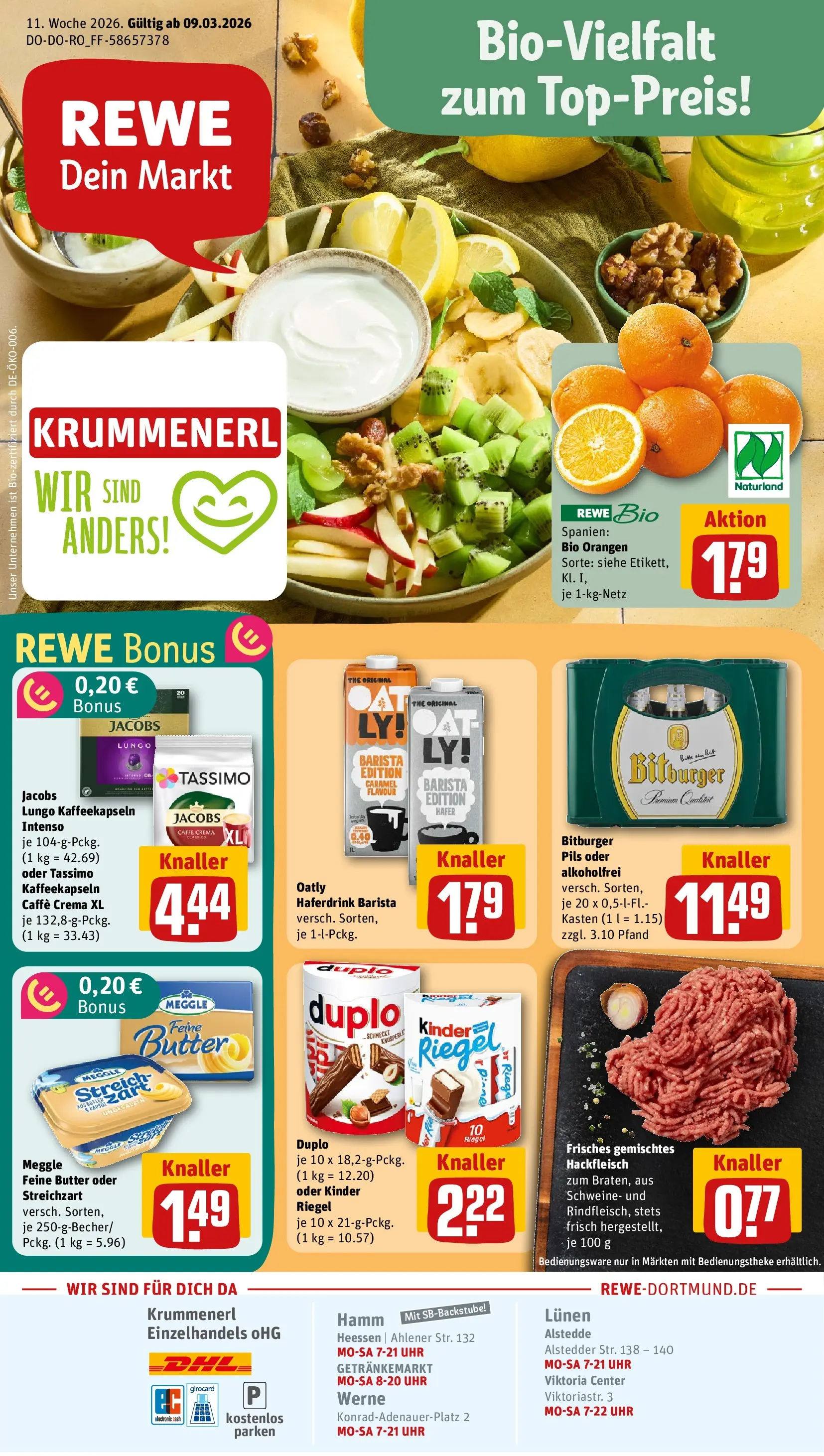 REWE Prospekt ab 09.03.2026 zum Blättern » Angebote | Seite: 1 | Produkte: Butter, Rapsöl, Haferdrink, Uhr