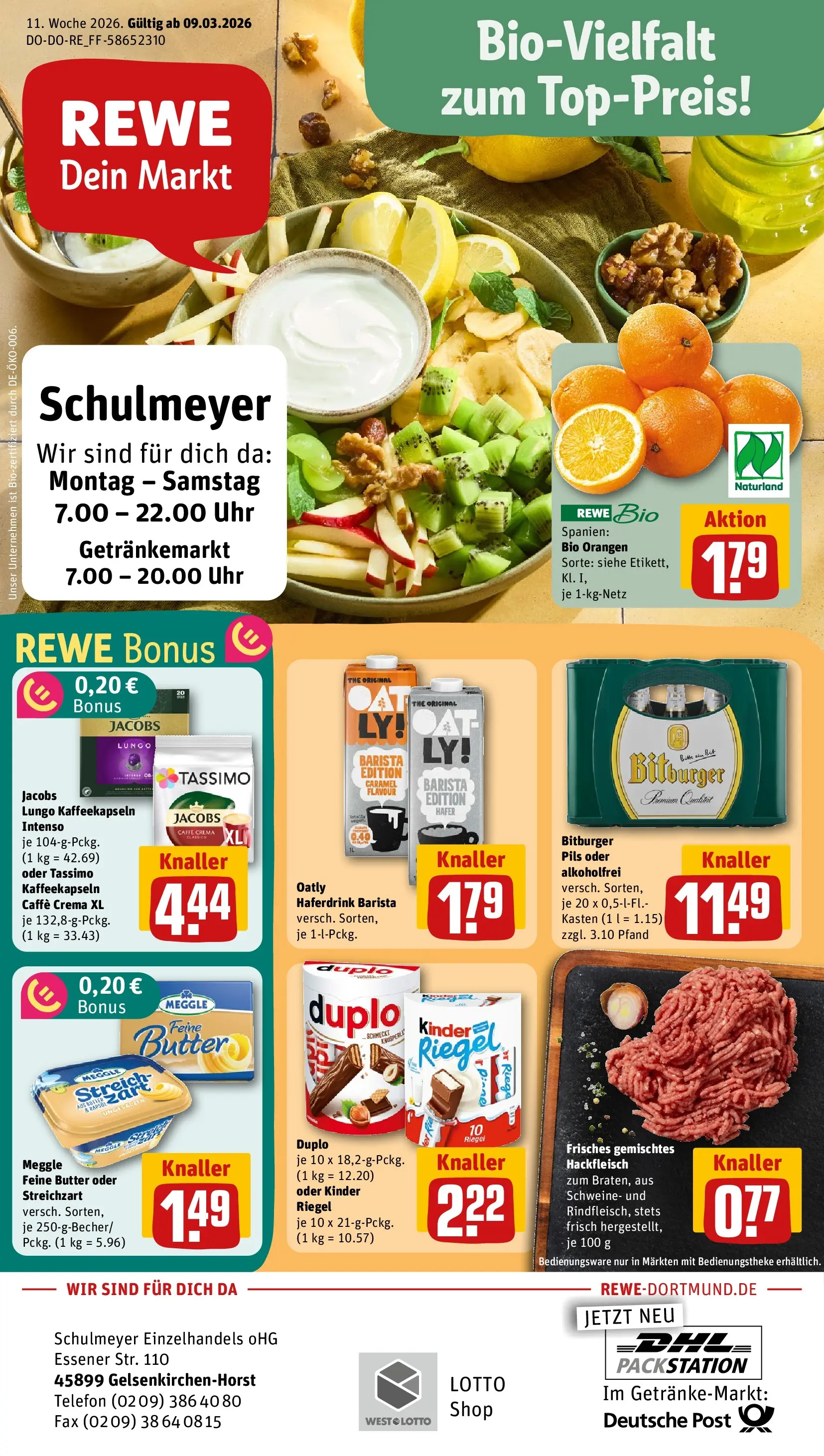 REWE Prospekt ab 09.03.2026 zum Blättern » Angebote | Seite: 1 | Produkte: Oatly, Meggle butter, Uhr, Hackfleisch