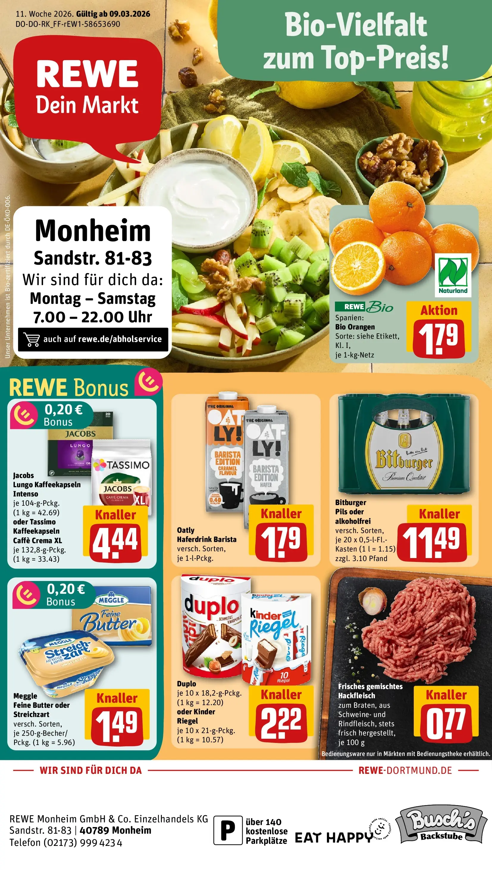REWE Prospekt ab 09.03.2026 zum Blättern » Angebote | Seite: 1 | Produkte: Rapsöl, Pils, Kinder riegel, Tassimo