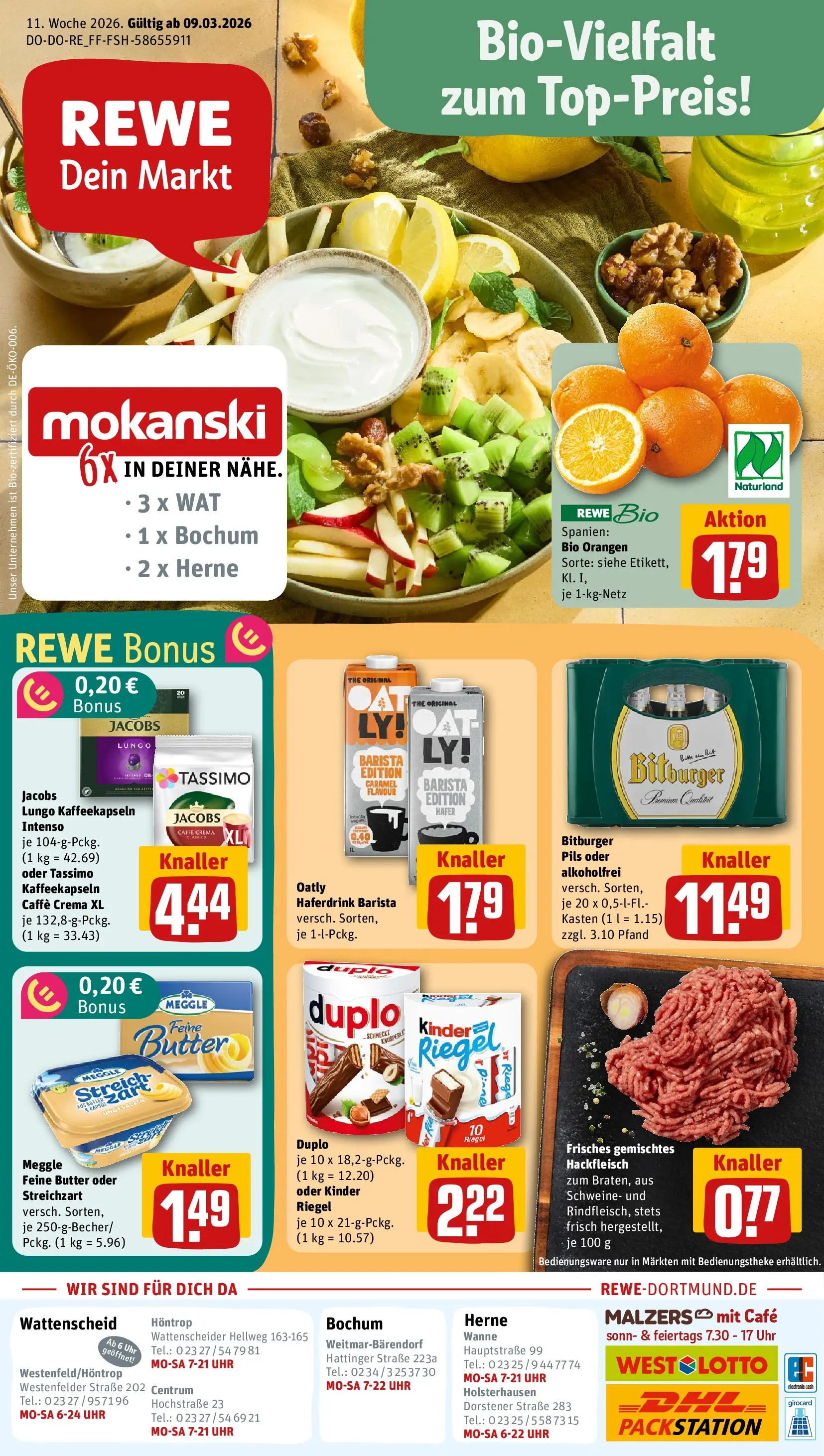 REWE Prospekt ab 09.03.2026 zum Blättern » Angebote | Seite: 1 | Produkte: Orangen, Haferdrink, Oatly, Uhr