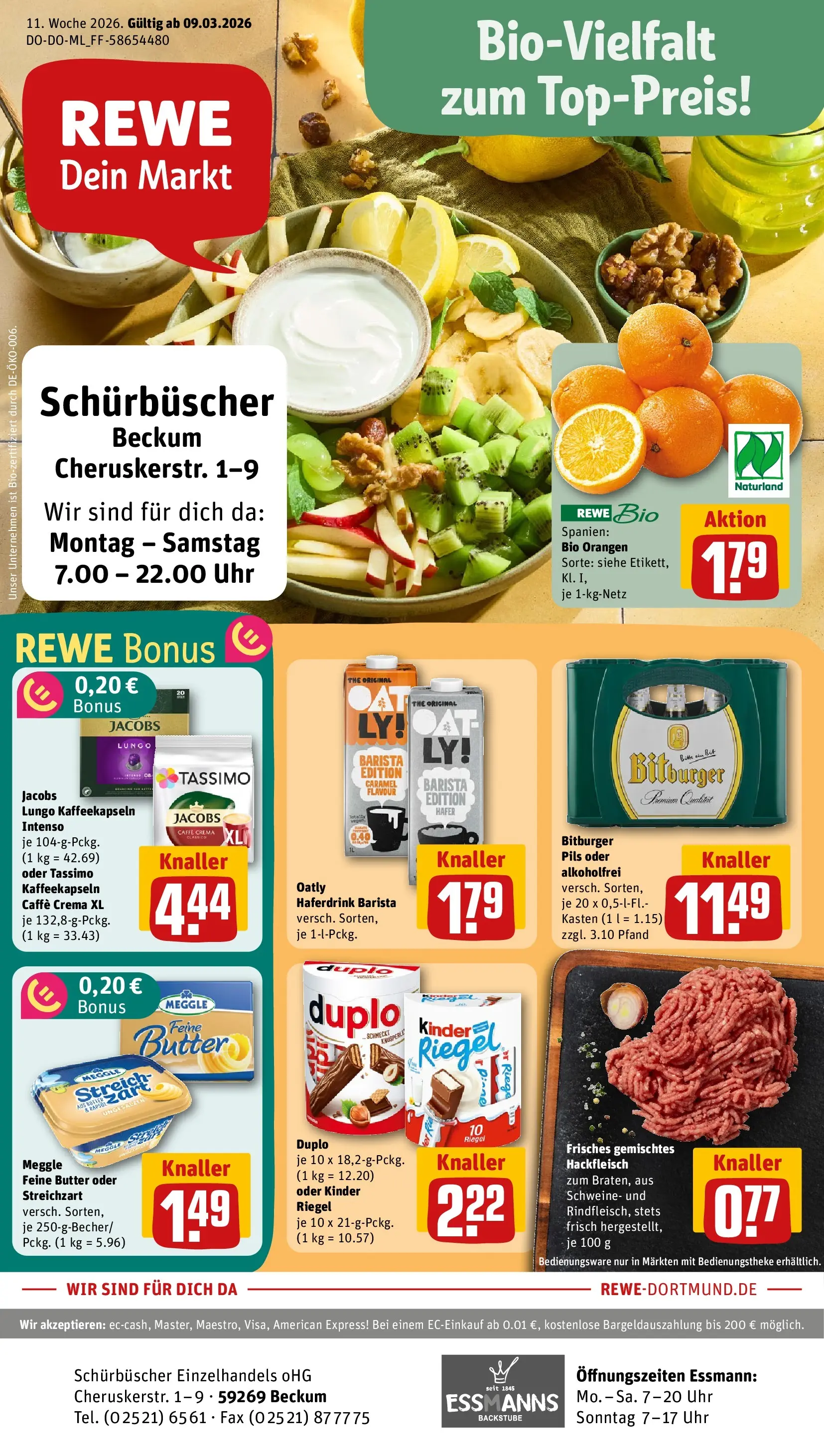 REWE Prospekt ab 09.03.2026 zum Blättern » Angebote | Seite: 1 | Produkte: Bitburger, Kinder riegel, Haferdrink, Tassimo