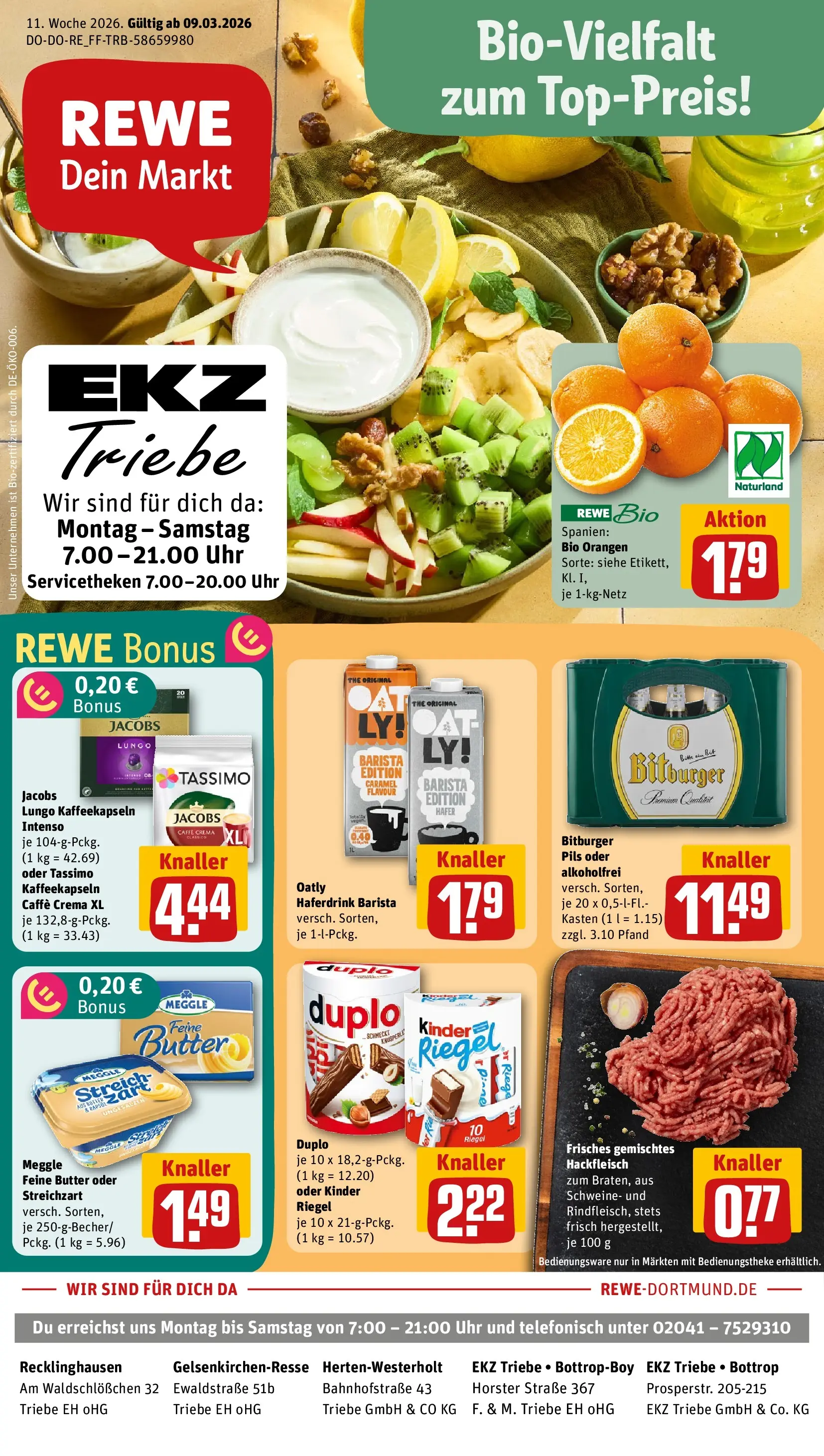 REWE Prospekt ab 09.03.2026 zum Blättern » Angebote | Seite: 1 | Produkte: Pils, Orangen, Duplo riegel, Tassimo