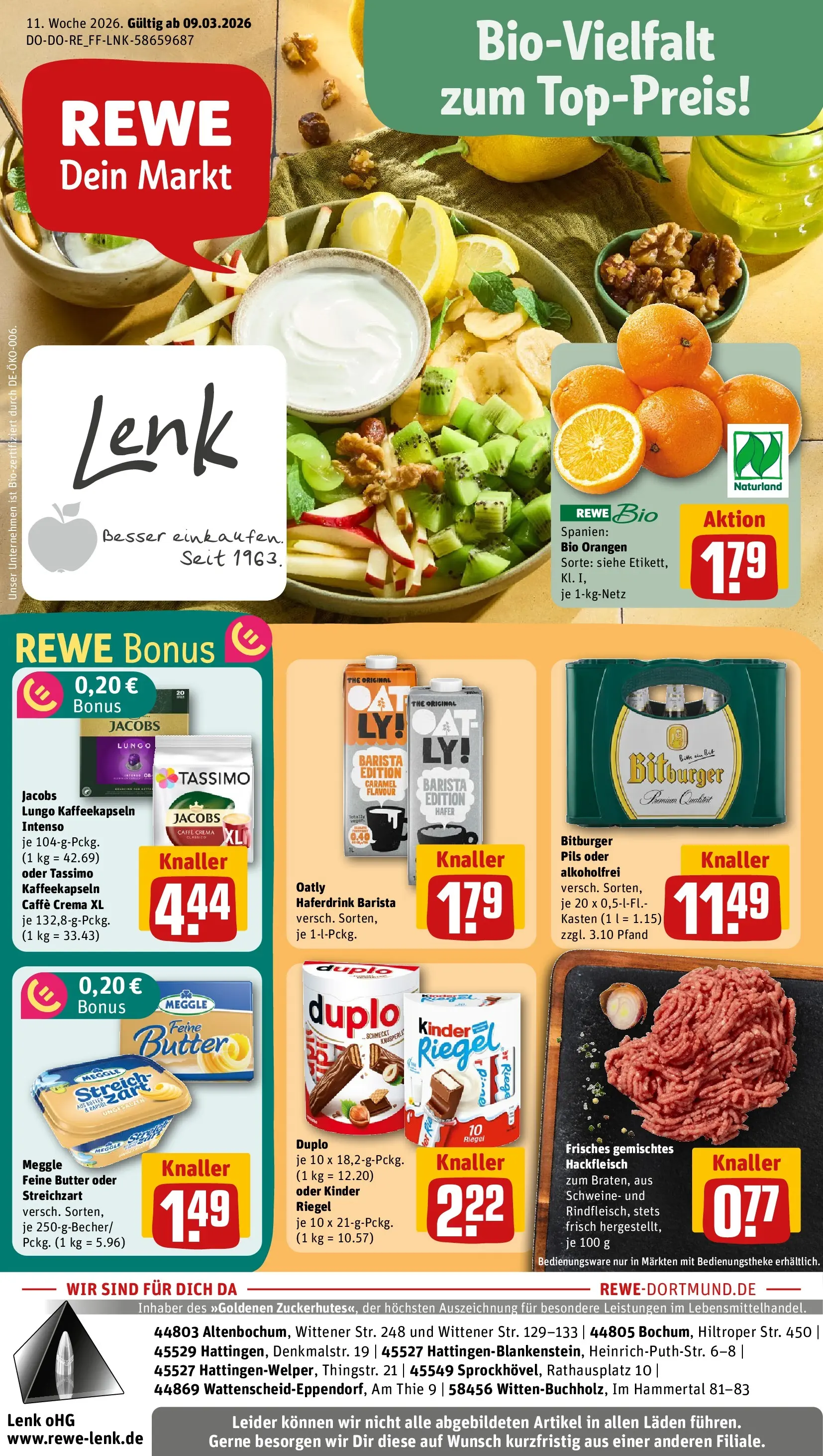 REWE Prospekt ab 09.03.2026 zum Blättern » Angebote | Seite: 1 | Produkte: Butter, Pils, Orangen, Oatly