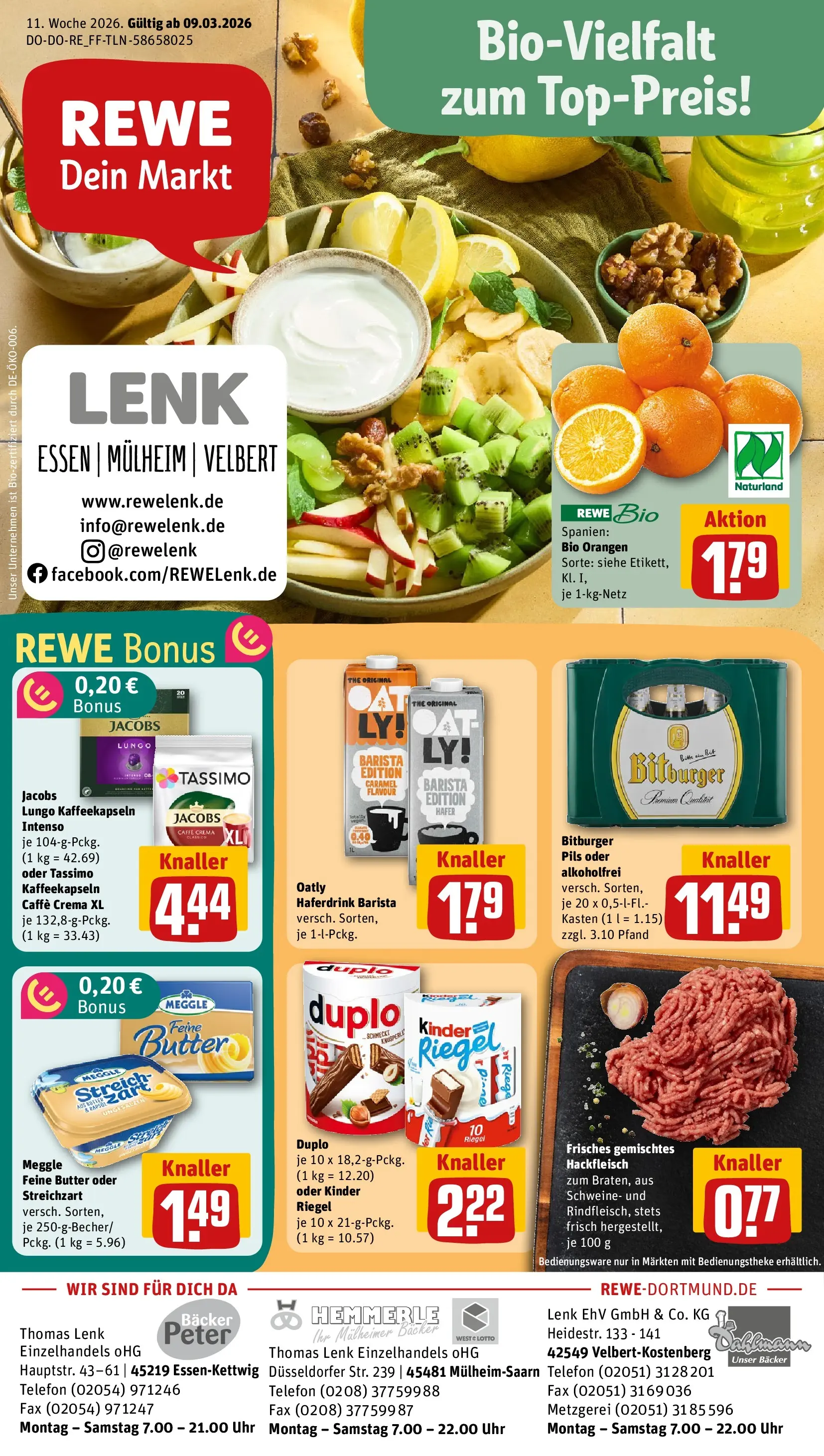 REWE Prospekt ab 09.03.2026 zum Blättern » Angebote | Seite: 1 | Produkte: Orangen, Oatly, Uhr, Hackfleisch