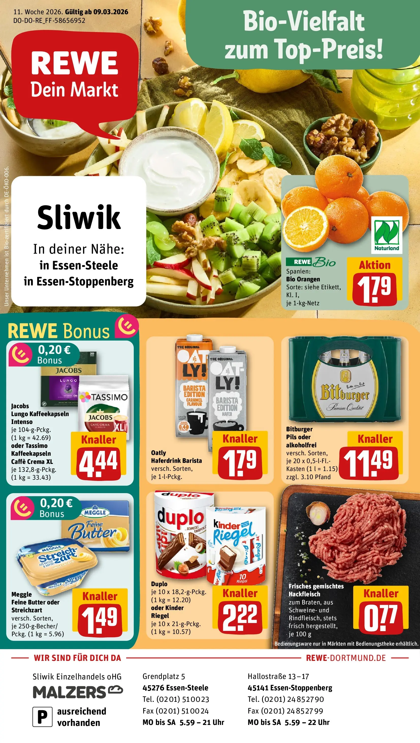 REWE Prospekt ab 09.03.2026 zum Blättern » Angebote | Seite: 1 | Produkte: Butter, Pils, Haferdrink, Hackfleisch