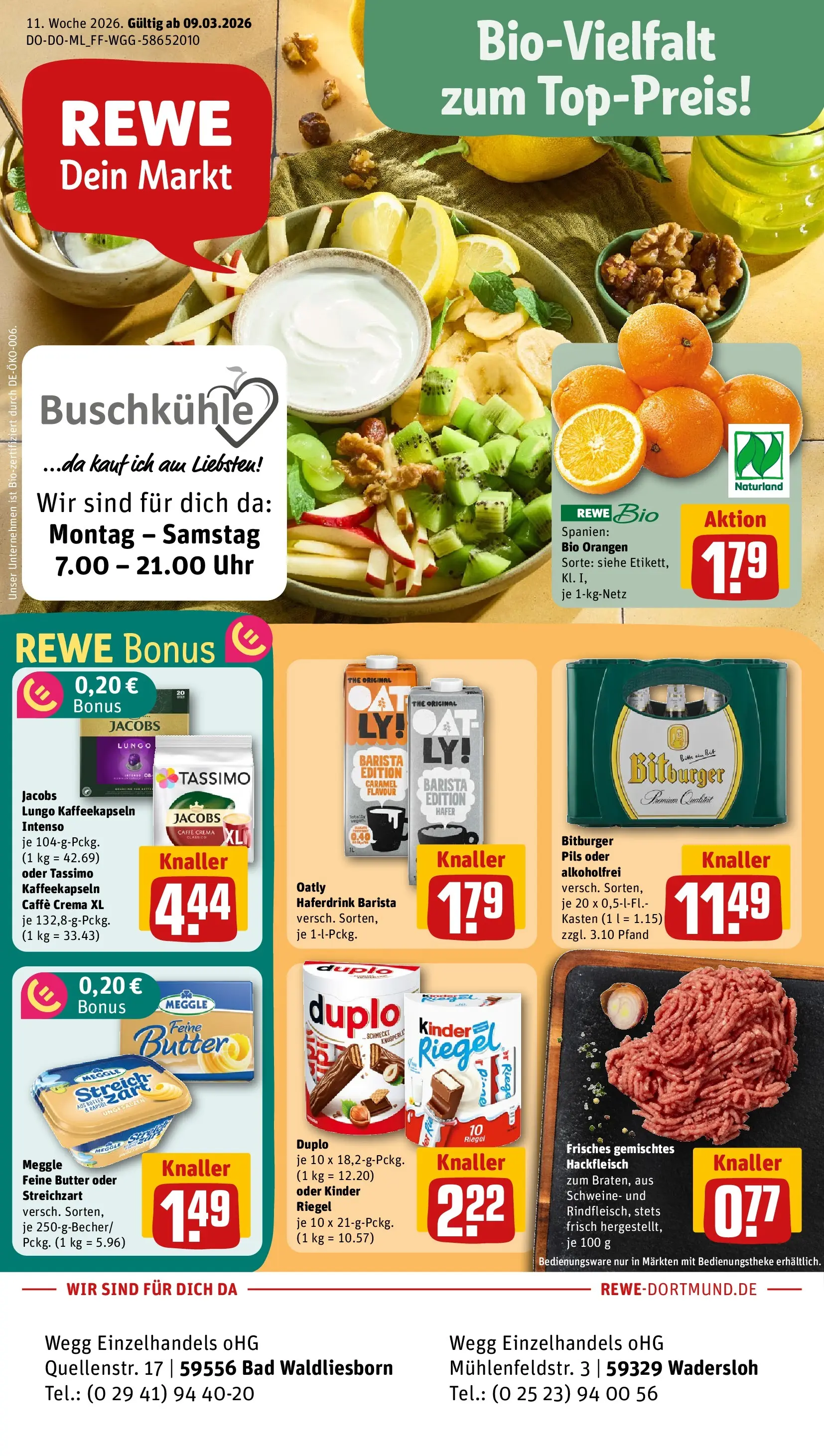 REWE Prospekt ab 09.03.2026 zum Blättern » Angebote | Seite: 1 | Produkte: Bitburger, Kinder riegel, Oatly, Uhr