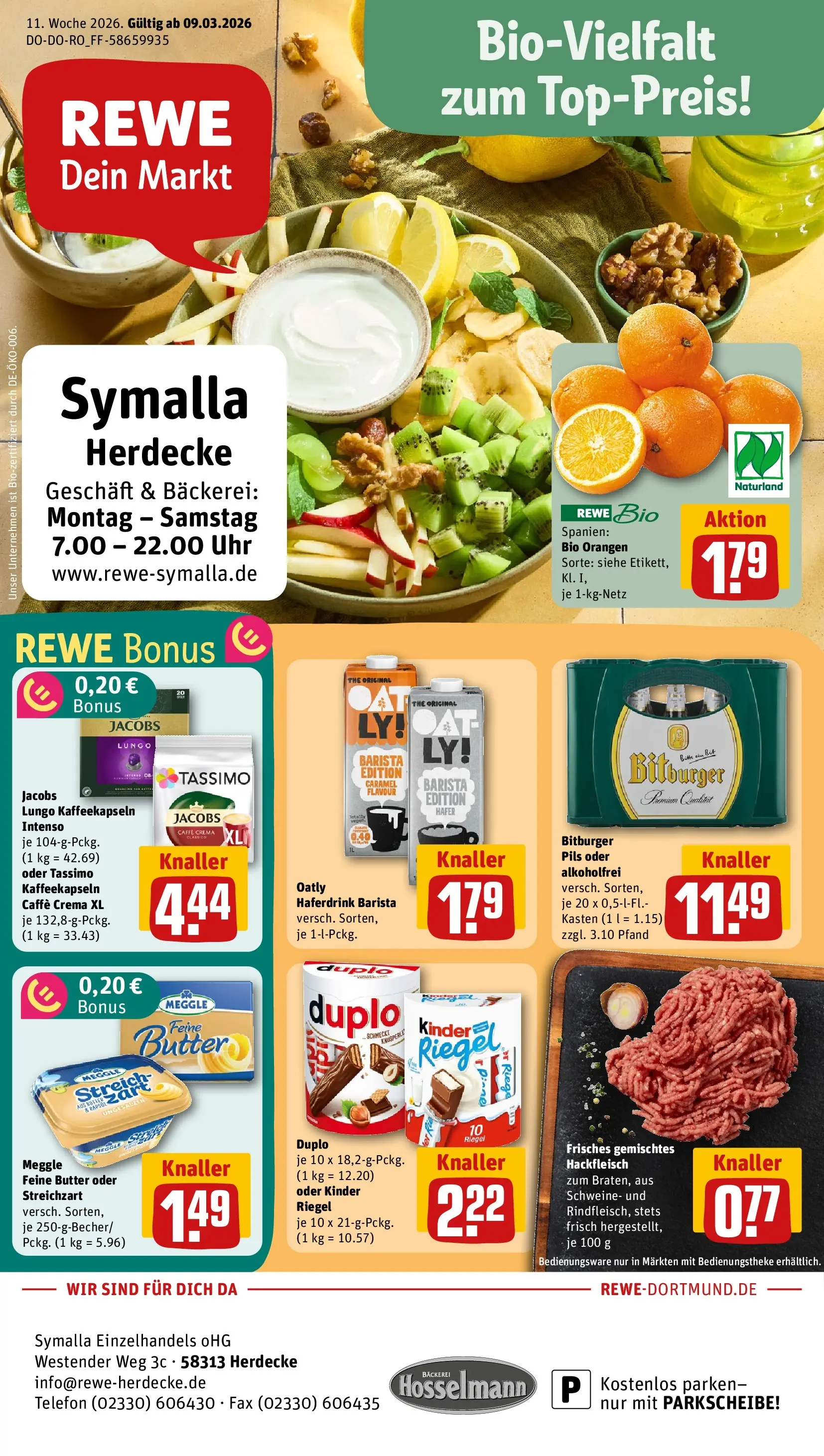 REWE Prospekt ab 09.03.2026 zum Blättern » Angebote | Seite: 1 | Produkte: Bitburger, Orangen, Oatly, Telefon