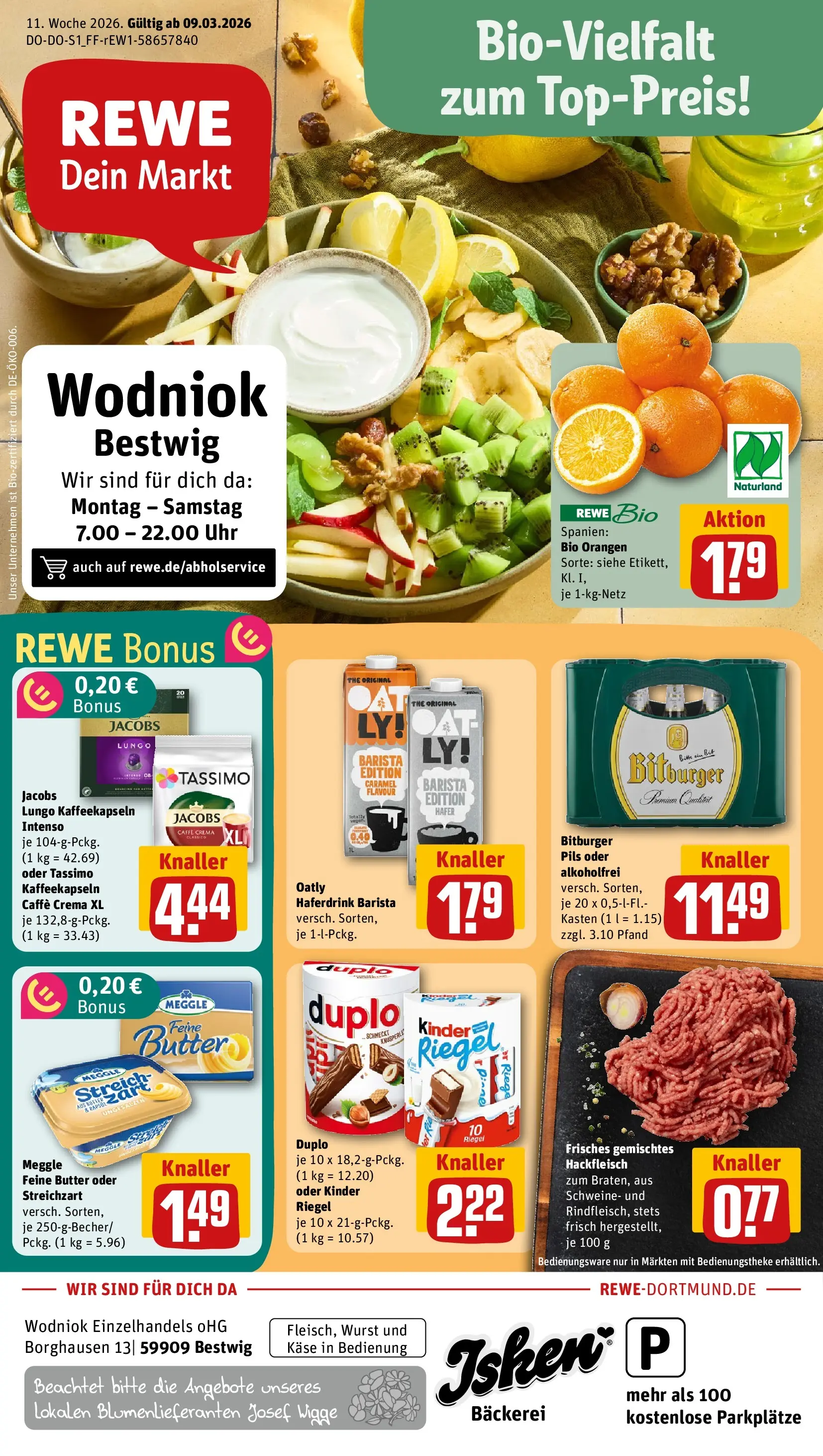REWE Prospekt ab 09.03.2026 zum Blättern » Angebote | Seite: 1 | Produkte: Butter, Pils, Tassimo, Hackfleisch