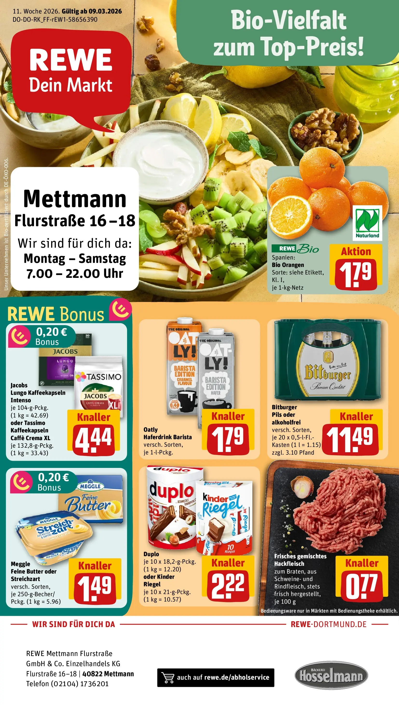 REWE Prospekt ab 09.03.2026 zum Blättern » Angebote | Seite: 1 | Produkte: Bäckerei, Butter, Pils, Haferdrink