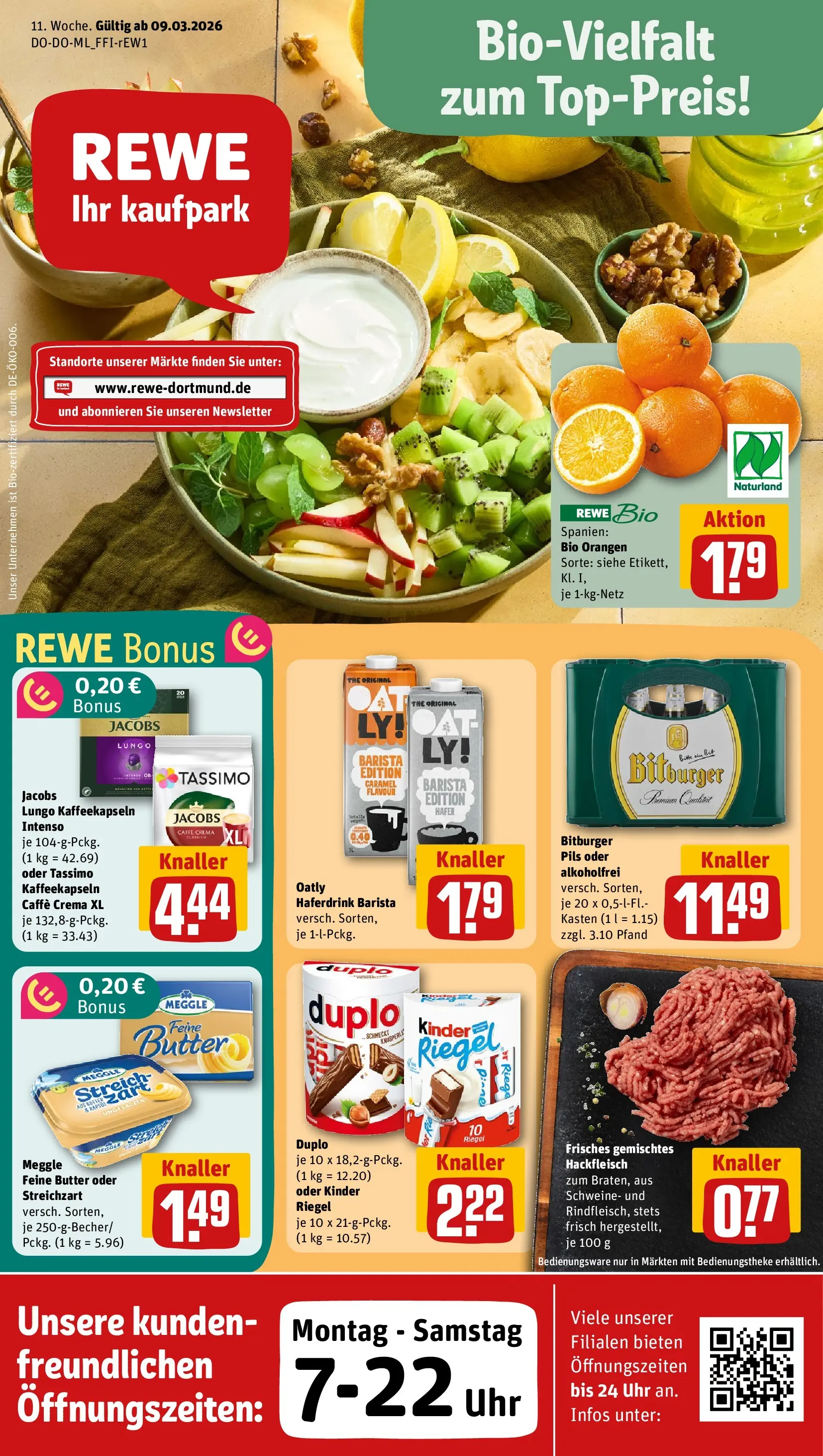 REWE Prospekt ab 09.03.2026 zum Blättern » Angebote | Seite: 1 | Produkte: Butter, Pils, Haferdrink, Hackfleisch