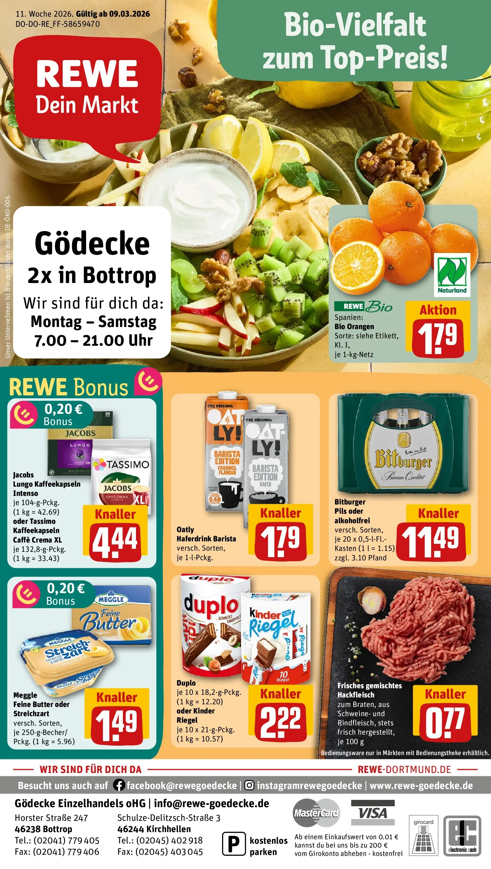 REWE Prospekt ab 09.03.2026 zum Blättern » Angebote | Seite: 1 | Produkte: Haferdrink, Oatly, Uhr, Hackfleisch