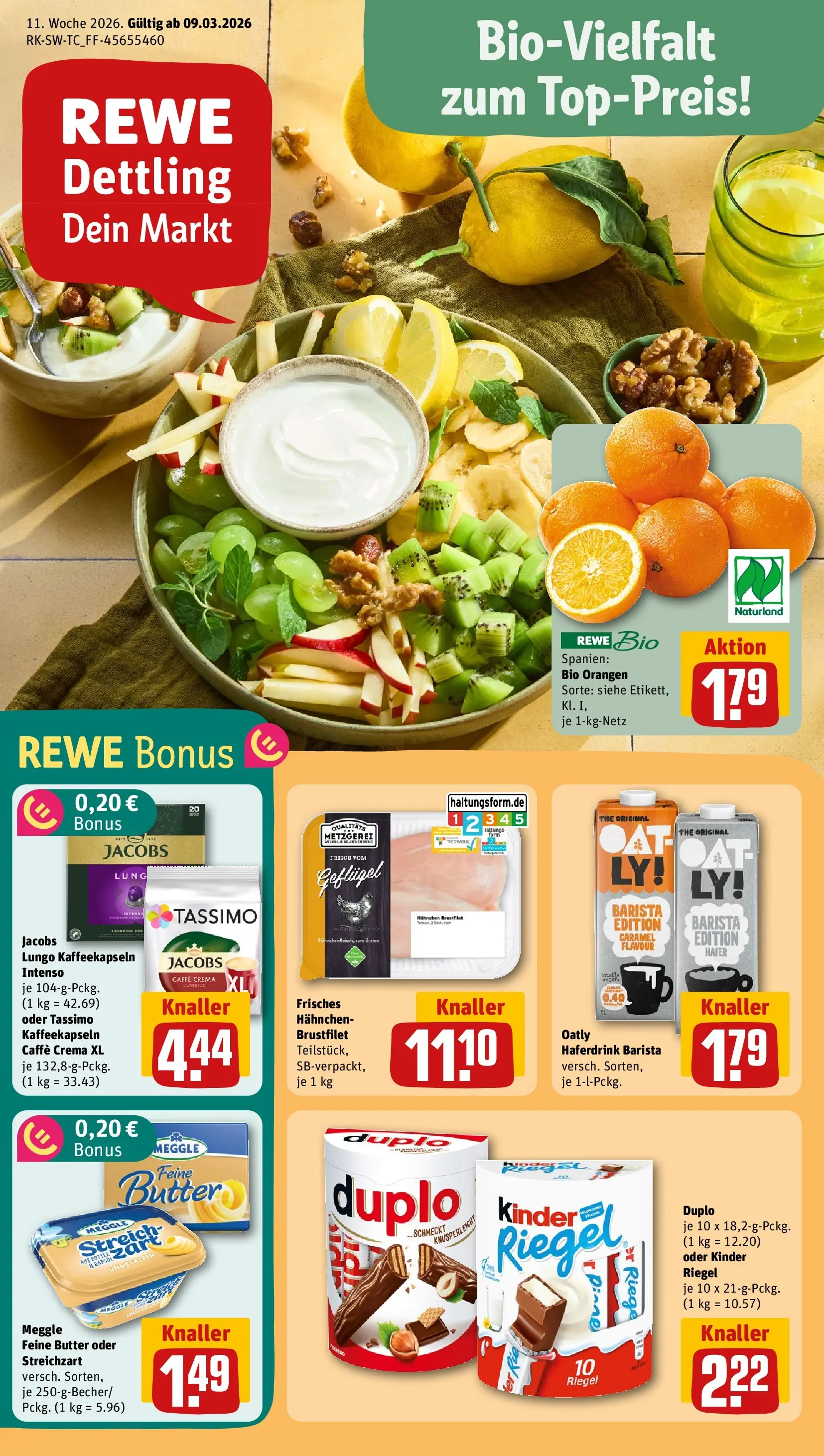 REWE Prospekt ab 09.03.2026 zum Blättern » Angebote | Seite: 1 | Produkte: Butter, Orangen, Kinder riegel, Tassimo