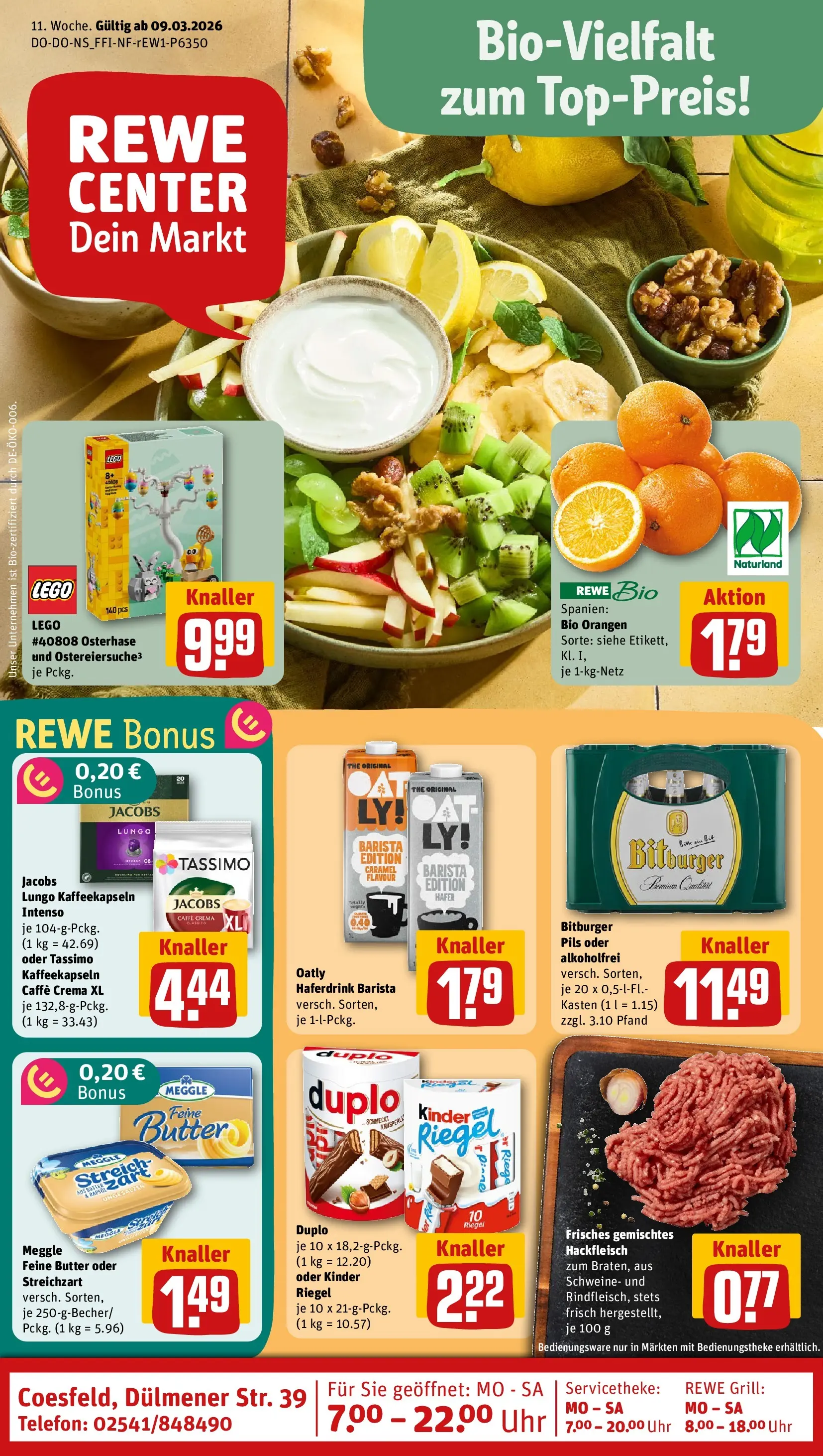 REWE Prospekt ab 09.03.2026 zum Blättern » Angebote | Seite: 1 | Produkte: Bitburger, Duplo riegel, Tassimo, Uhr