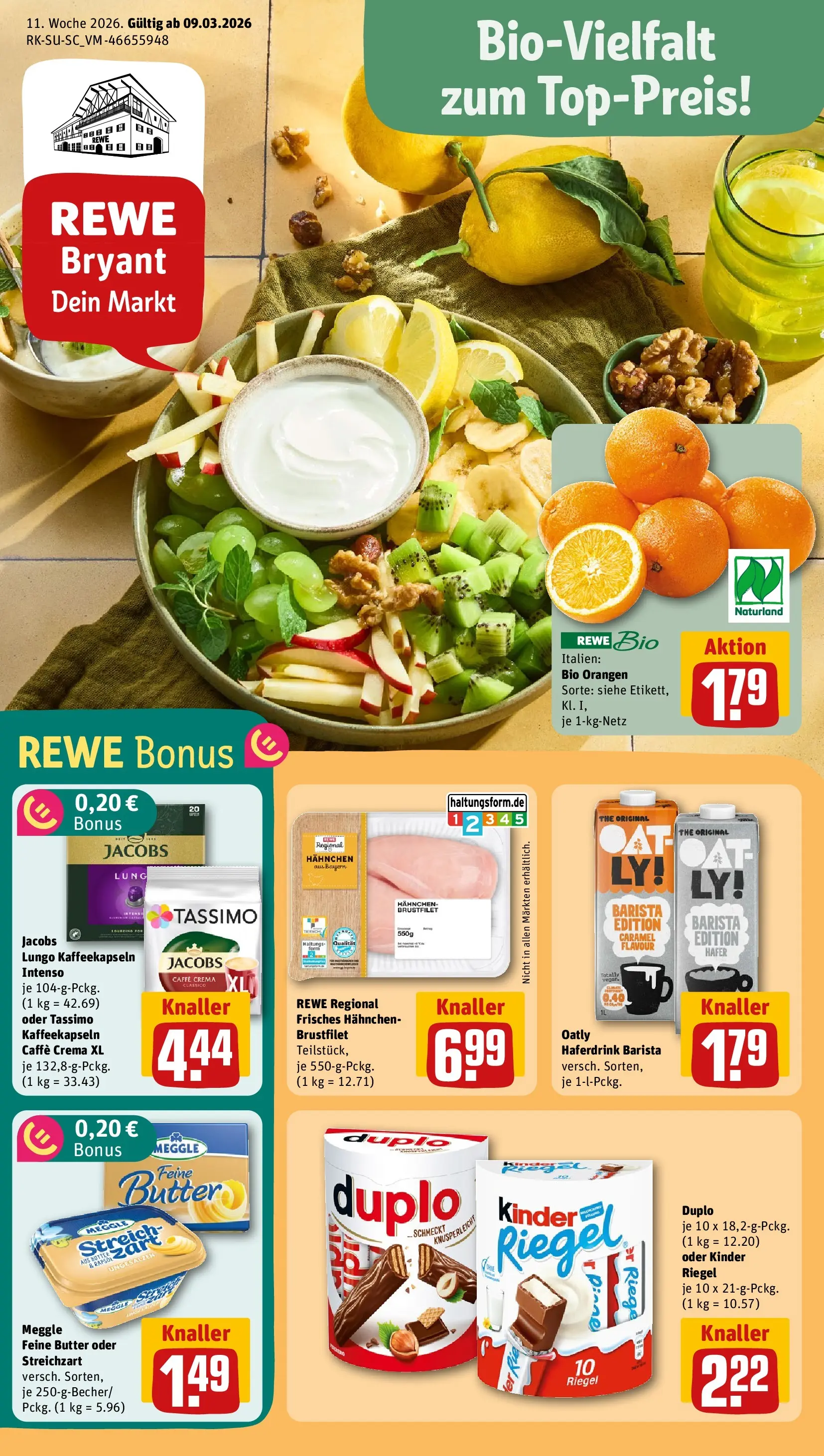REWE Prospekt ab 09.03.2026 zum Blättern » Angebote | Seite: 1 | Produkte: Hahnchen, Butter, Haferdrink, Oatly