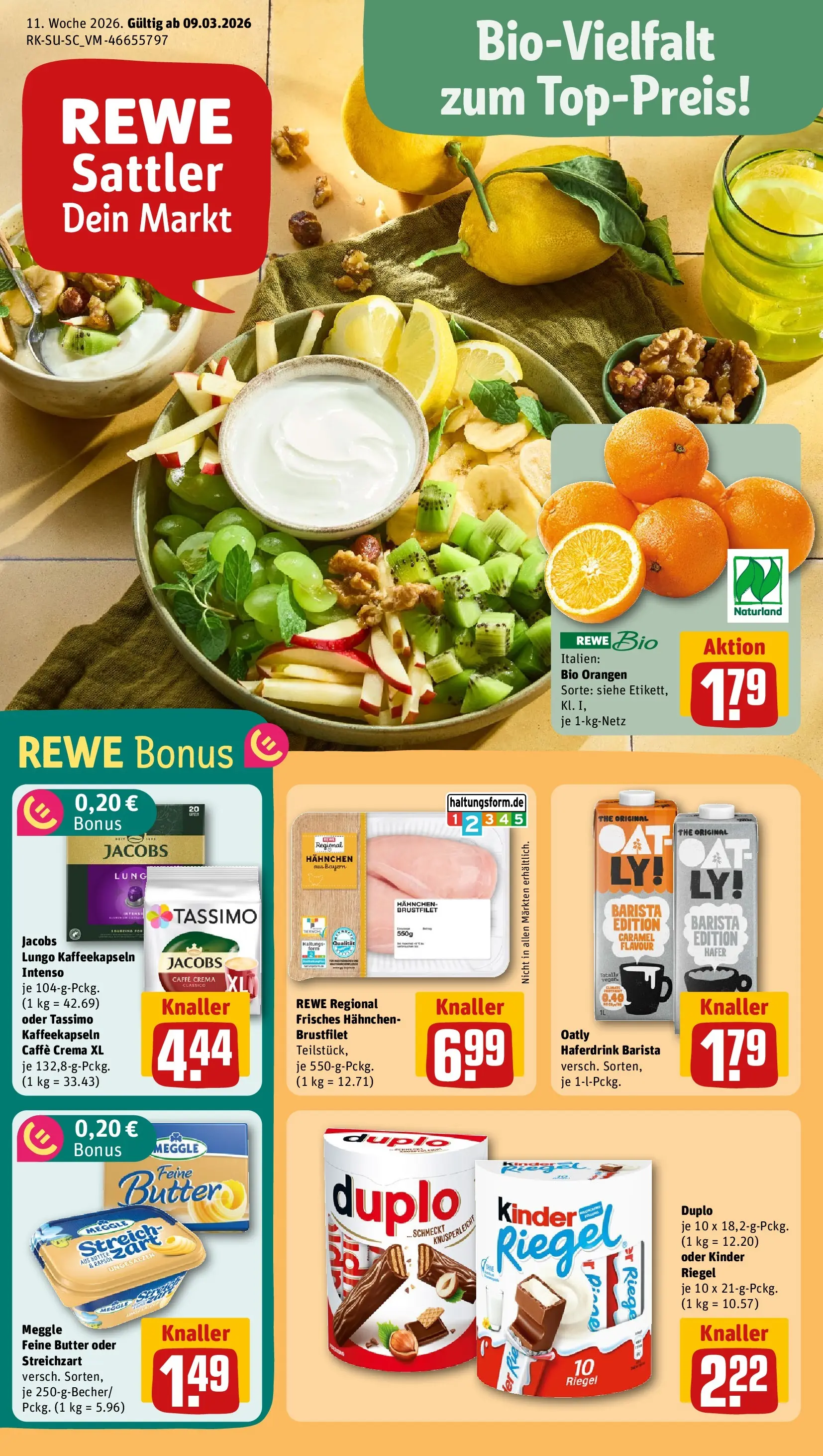 REWE Prospekt ab 09.03.2026 zum Blättern » Angebote | Seite: 1 | Produkte: Hahnchen, Butter, Orangen, Tassimo