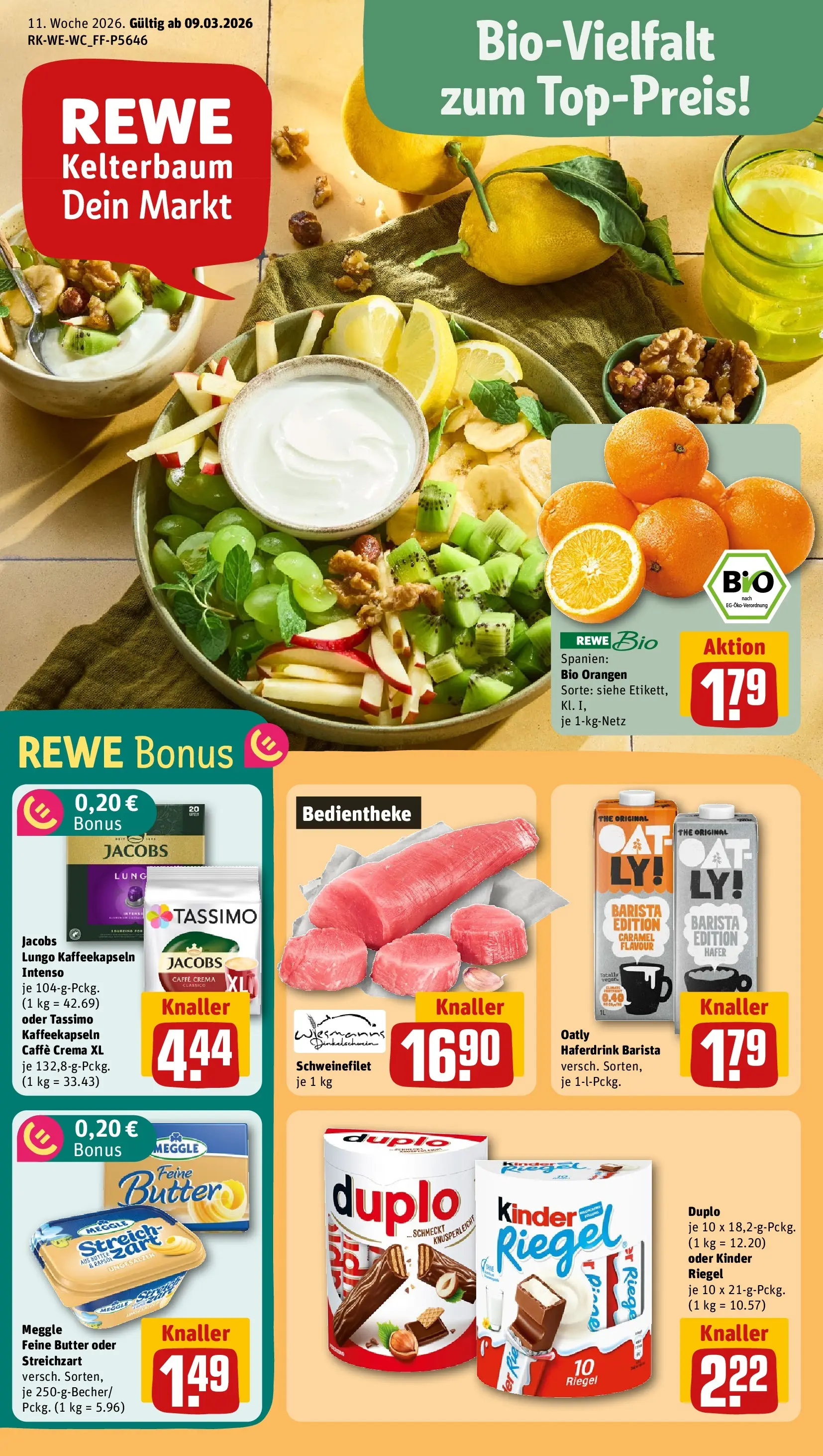 REWE Prospekt ab 09.03.2026 zum Blättern » Angebote | Seite: 1 | Produkte: Butter, Orangen, Kinder riegel, Tassimo