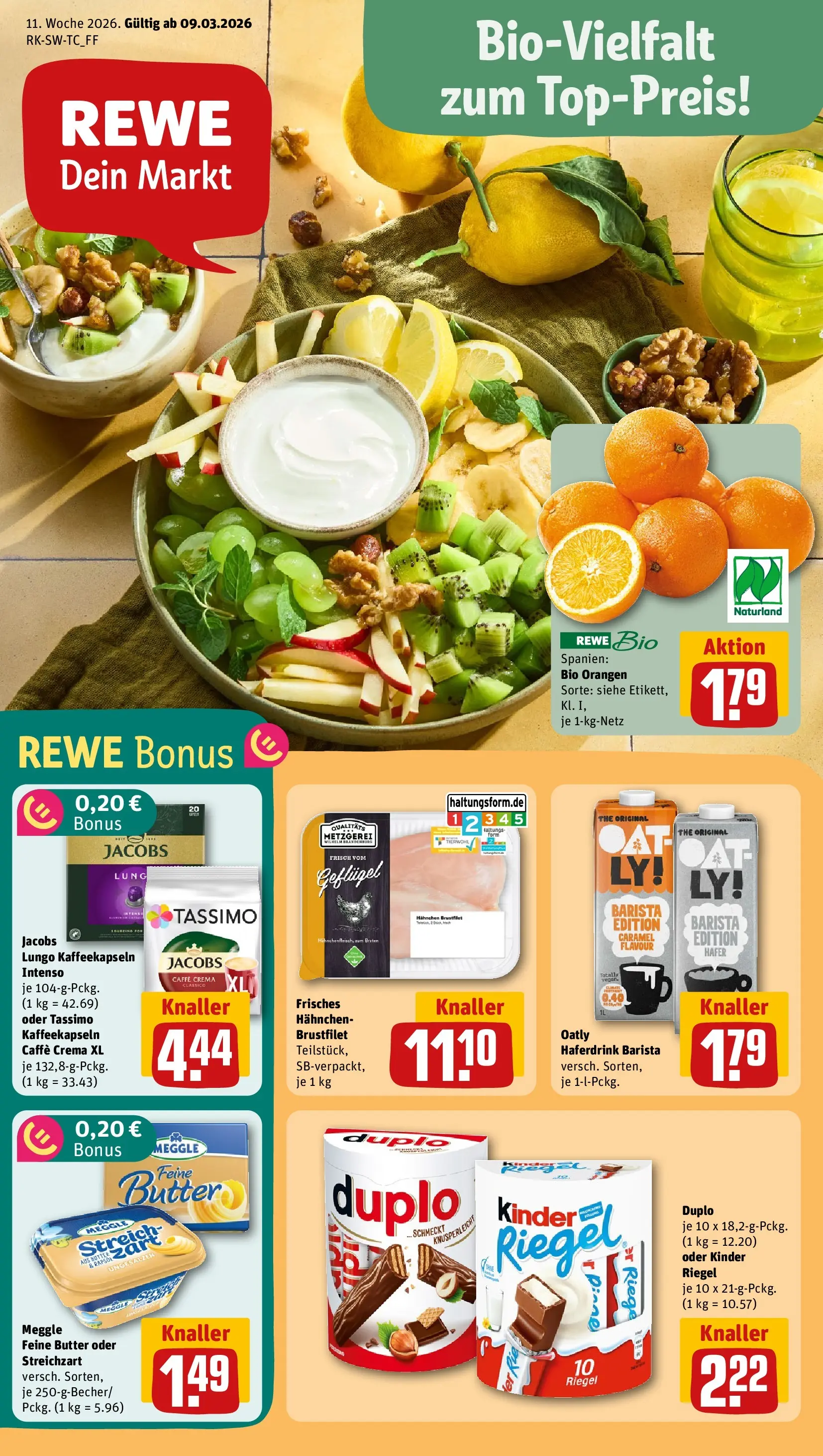 REWE Prospekt ab 09.03.2026 zum Blättern » Angebote | Seite: 1 | Produkte: Hahnchen, Kinder riegel, Oatly, Tassimo