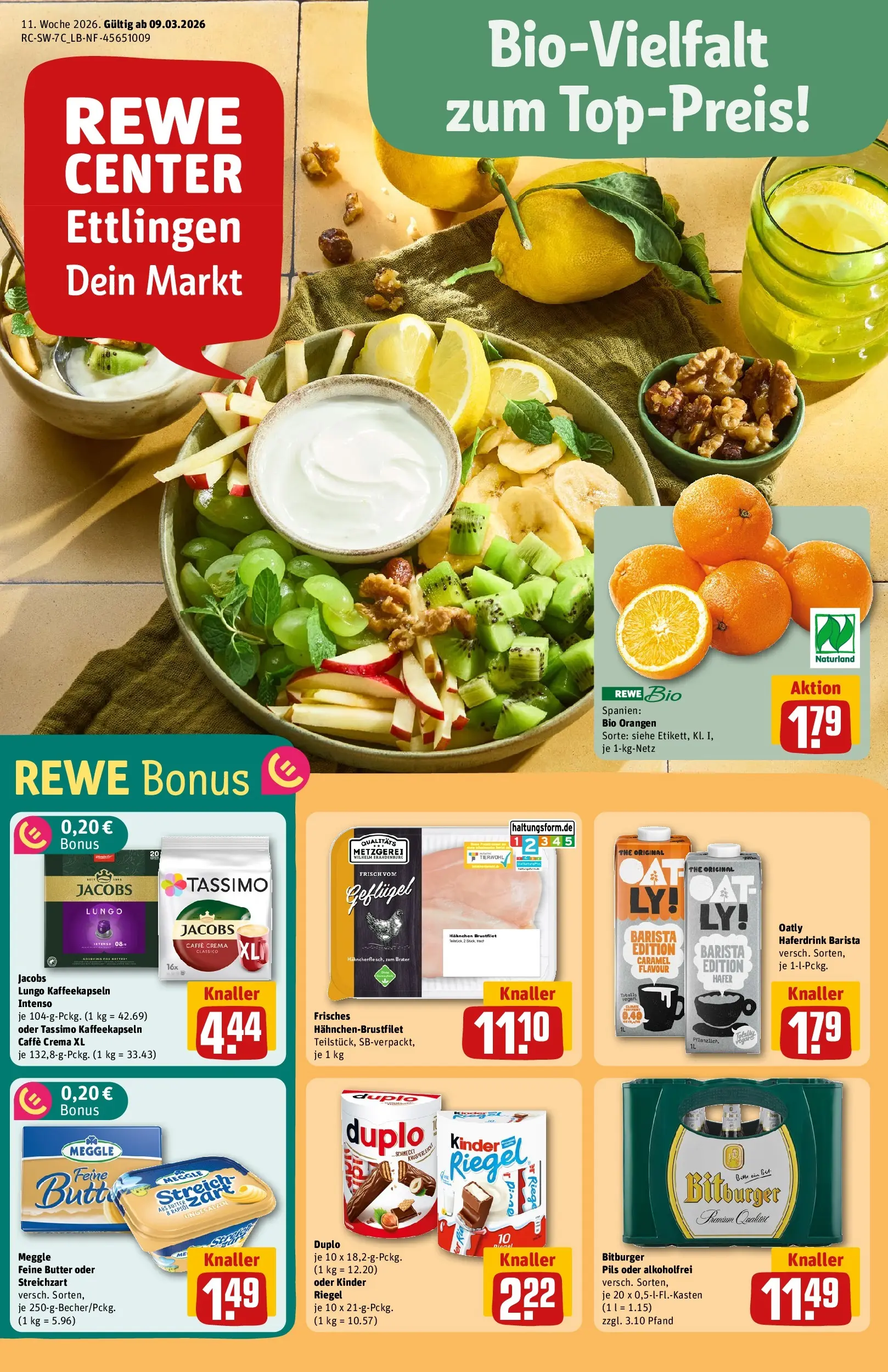 REWE Prospekt ab 09.03.2026 zum Blättern » Angebote | Seite: 1 | Produkte: Orangen, Haferdrink, Oatly, Tassimo