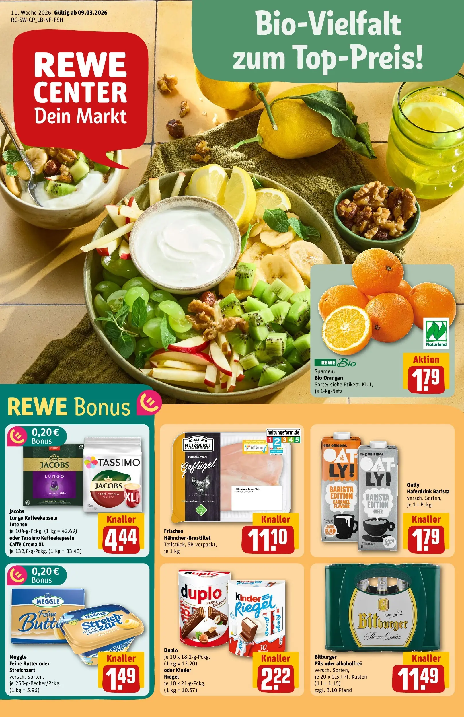 REWE Prospekt ab 09.03.2026 zum Blättern » Angebote | Seite: 1 | Produkte: Bitburger, Butter, Haferdrink, Tassimo