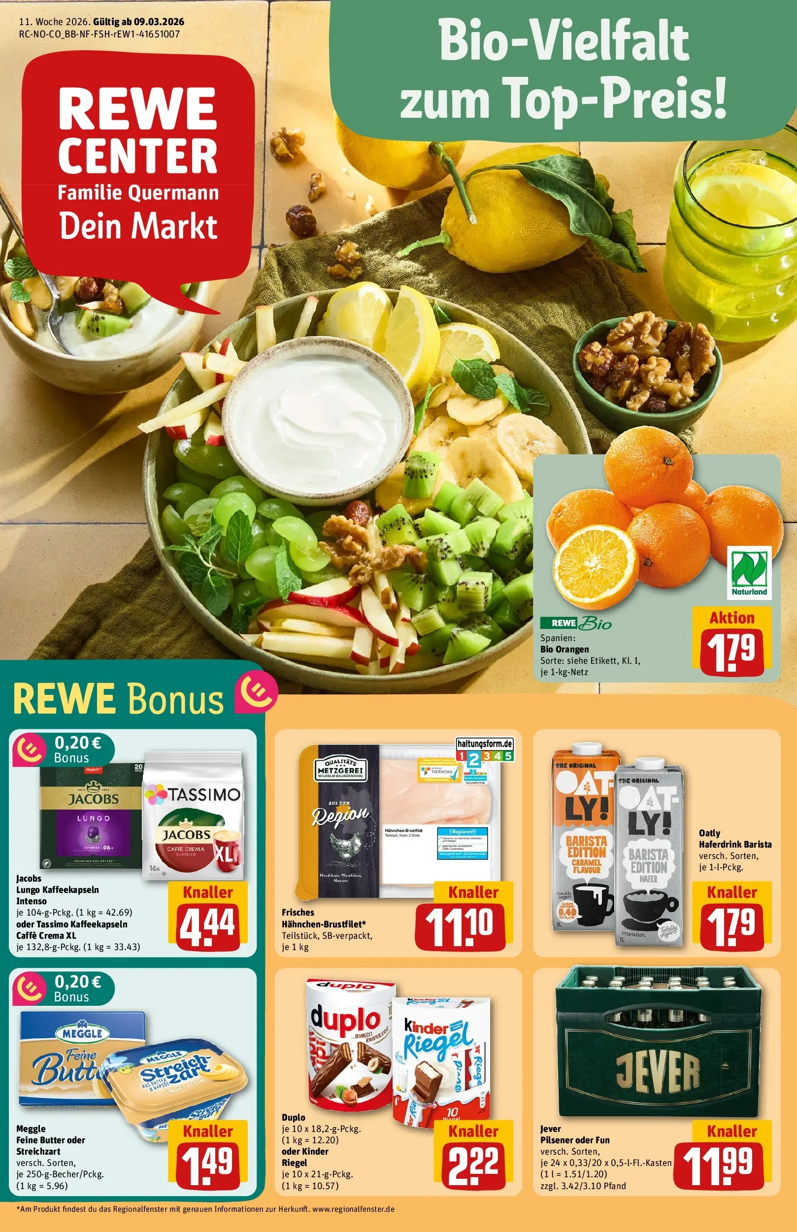 REWE Prospekt ab 09.03.2026 zum Blättern » Angebote | Seite: 1 | Produkte: Kinder riegel, Haferdrink, Oatly, Tassimo