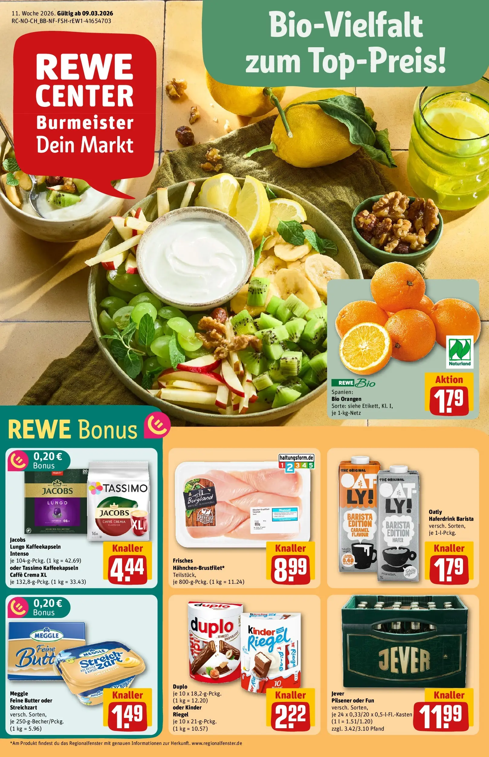 REWE Prospekt ab 09.03.2026 zum Blättern » Angebote | Seite: 1 | Produkte: Kinder riegel, Haferdrink, Jever, Tassimo