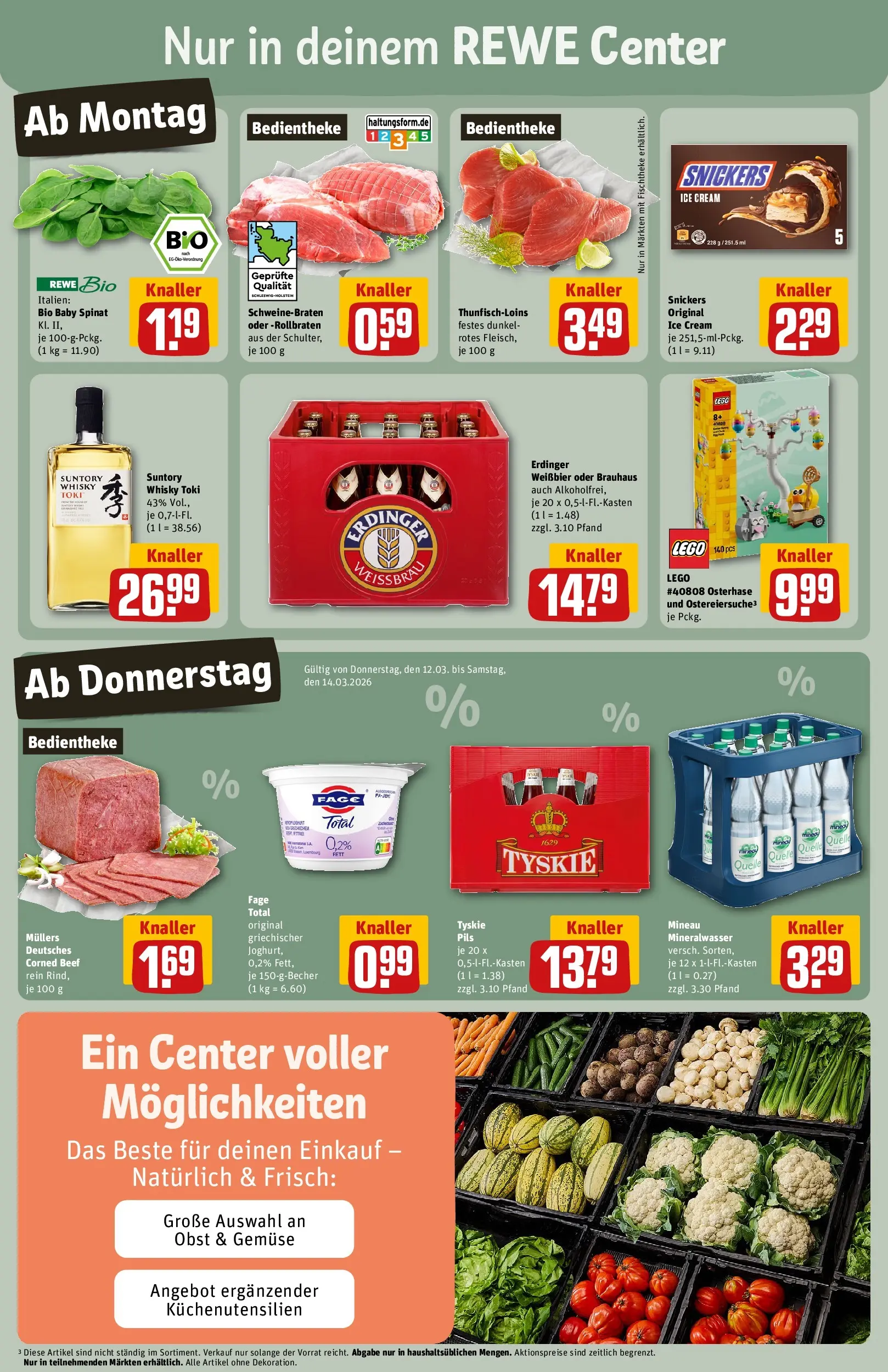 REWE Prospekt ab 09.03.2026 zum Blättern » Angebote | Seite: 3 | Produkte: Whisky, Mineralwasser, Snickers, Gemüse