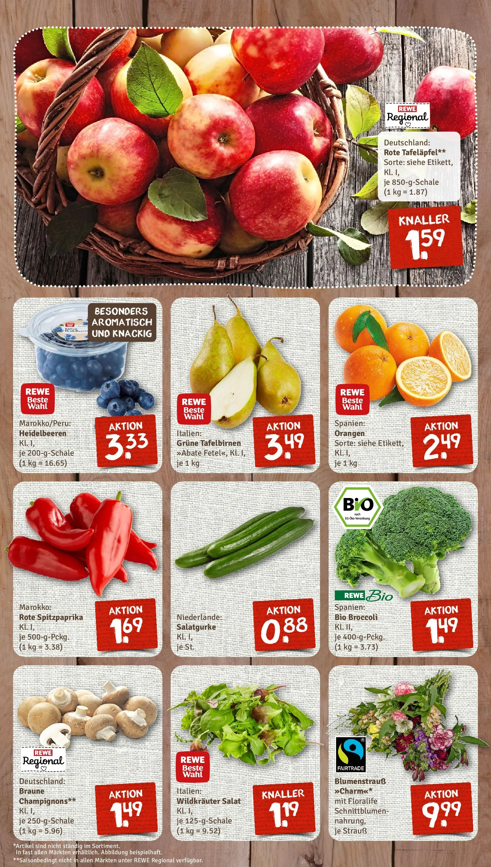 REWE Prospekt ab 09.03.2026 zum Blättern » Angebote | Seite: 3 | Produkte: Orangen, Heidelbeeren, Champignons, Salat