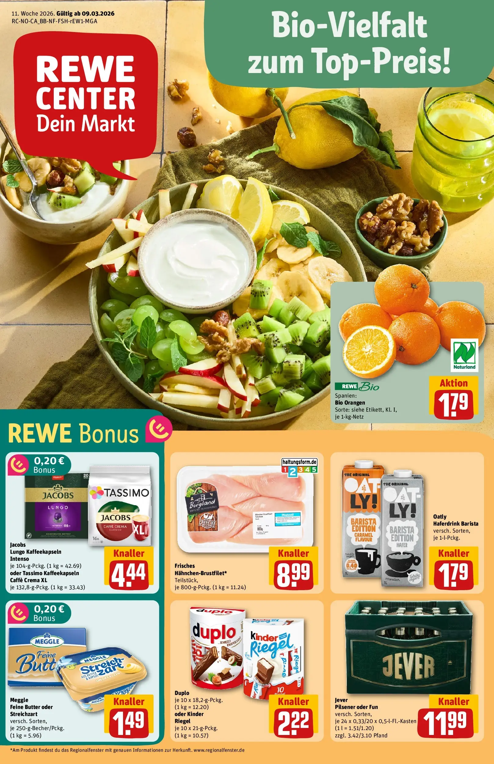 REWE Prospekt ab 09.03.2026 zum Blättern » Angebote | Seite: 1 | Produkte: Butter, Orangen, Kinder riegel, Tassimo