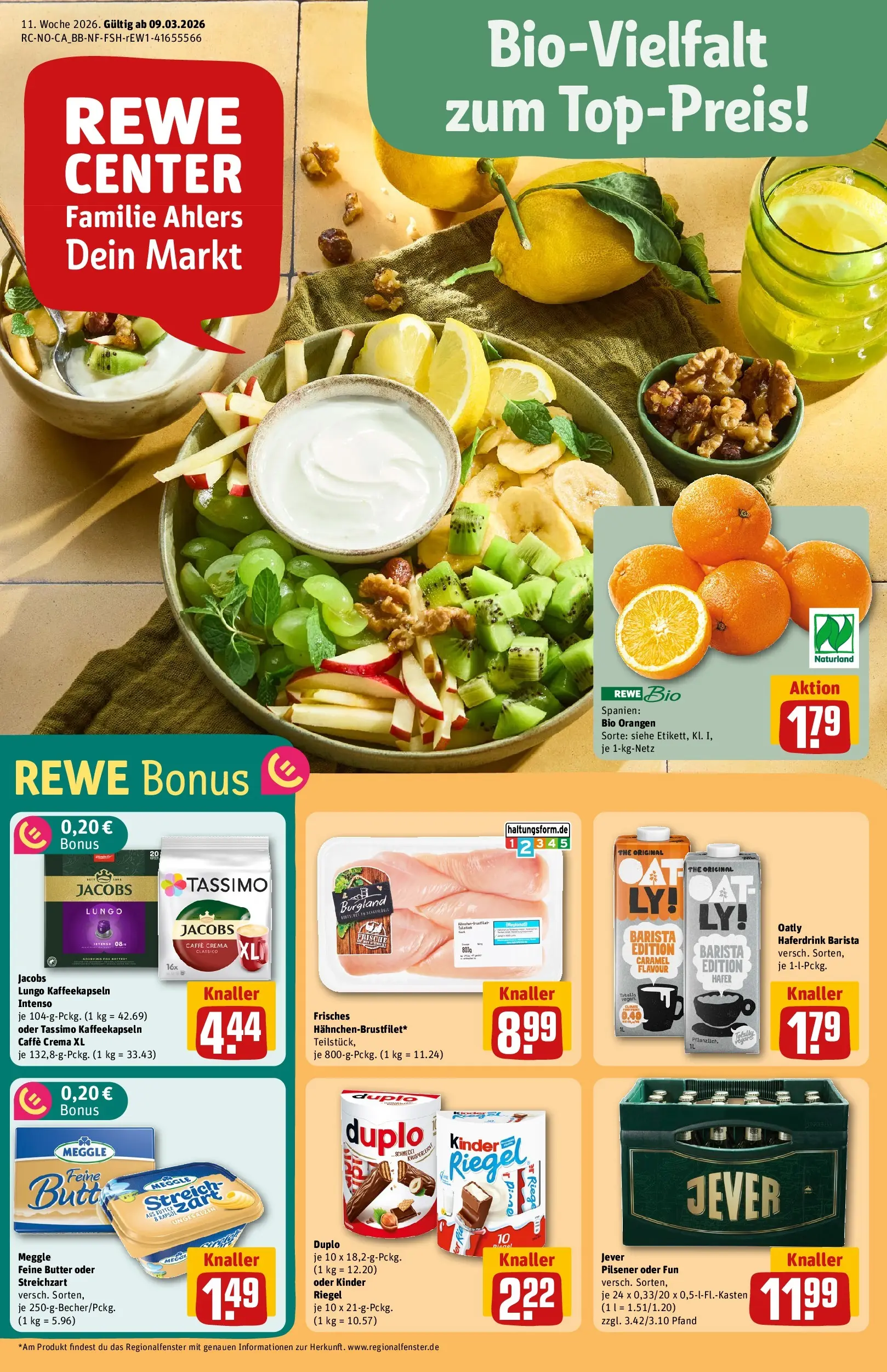 REWE Prospekt ab 09.03.2026 zum Blättern » Angebote | Seite: 1 | Produkte: Kinder riegel, Oatly, Jever, Tassimo