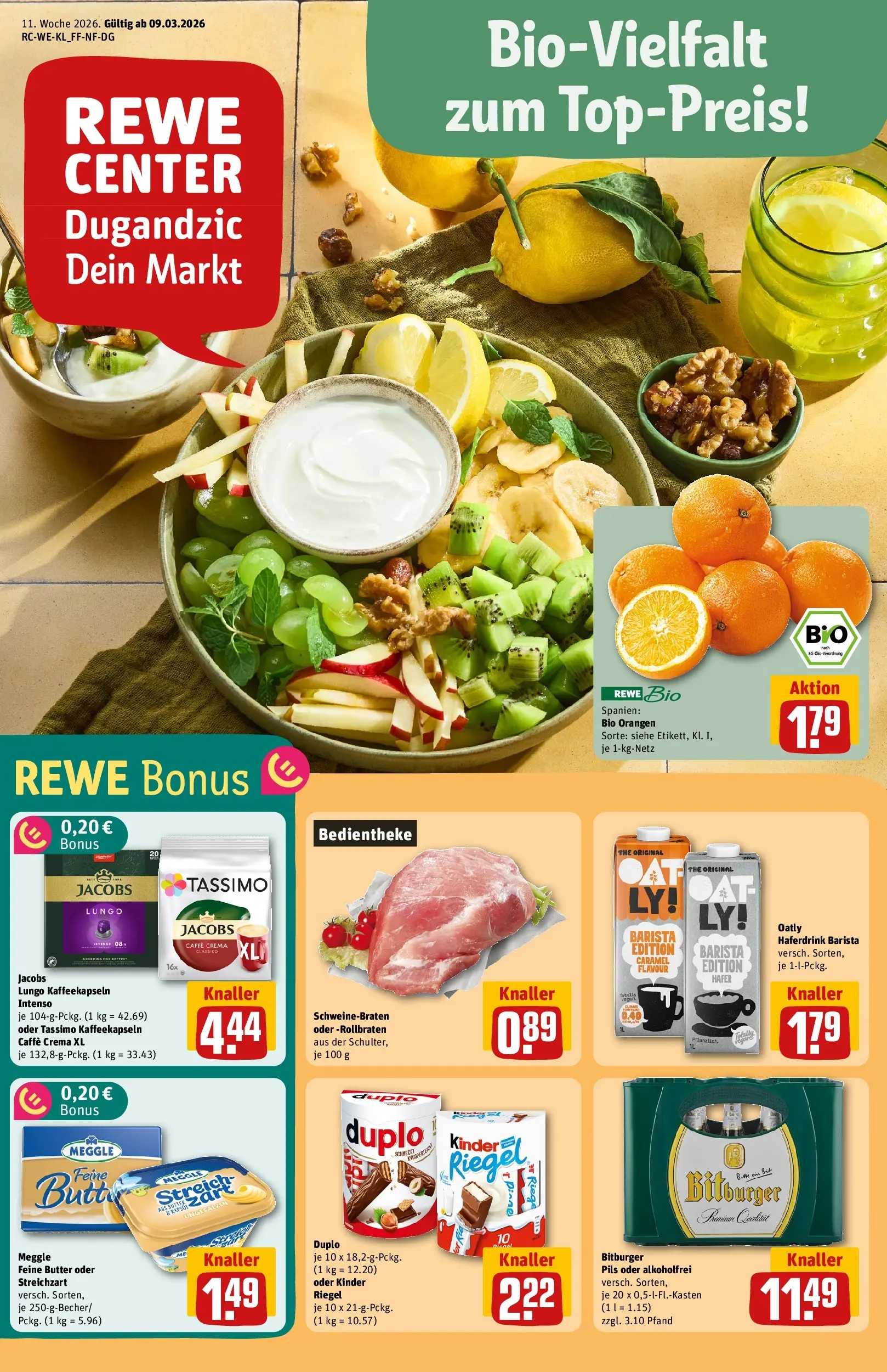 REWE Prospekt ab 09.03.2026 zum Blättern » Angebote | Seite: 1 | Produkte: Bitburger, Butter, Haferdrink, Oatly
