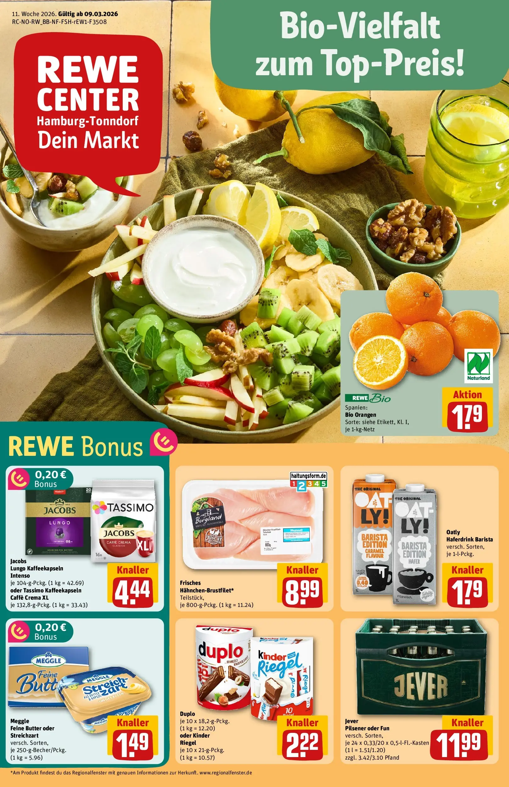 REWE Prospekt ab 09.03.2026 zum Blättern » Angebote | Seite: 1 | Produkte: Butter, Kinder riegel, Haferdrink, Oatly