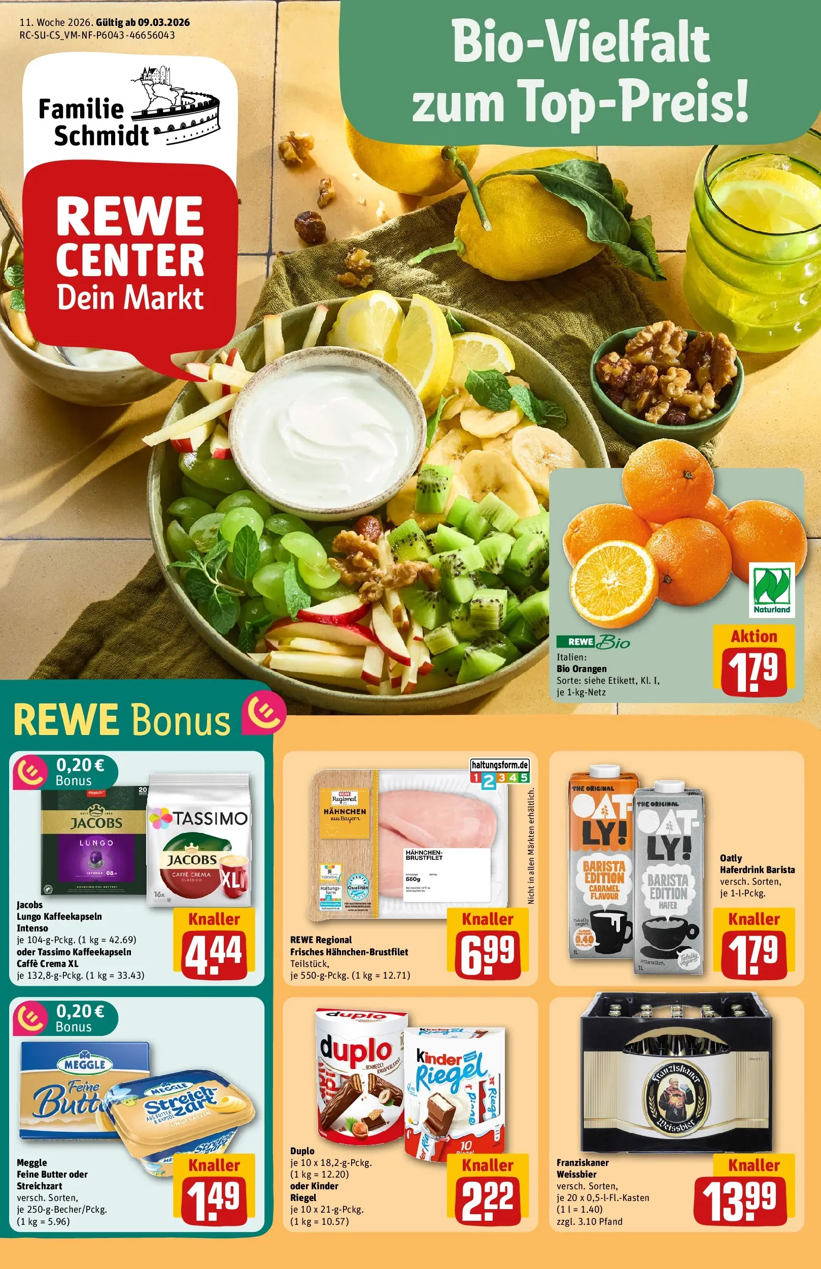 REWE Prospekt ab 09.03.2026 zum Blättern » Angebote | Seite: 1 | Produkte: Franziskaner, Orangen, Oatly, Tassimo