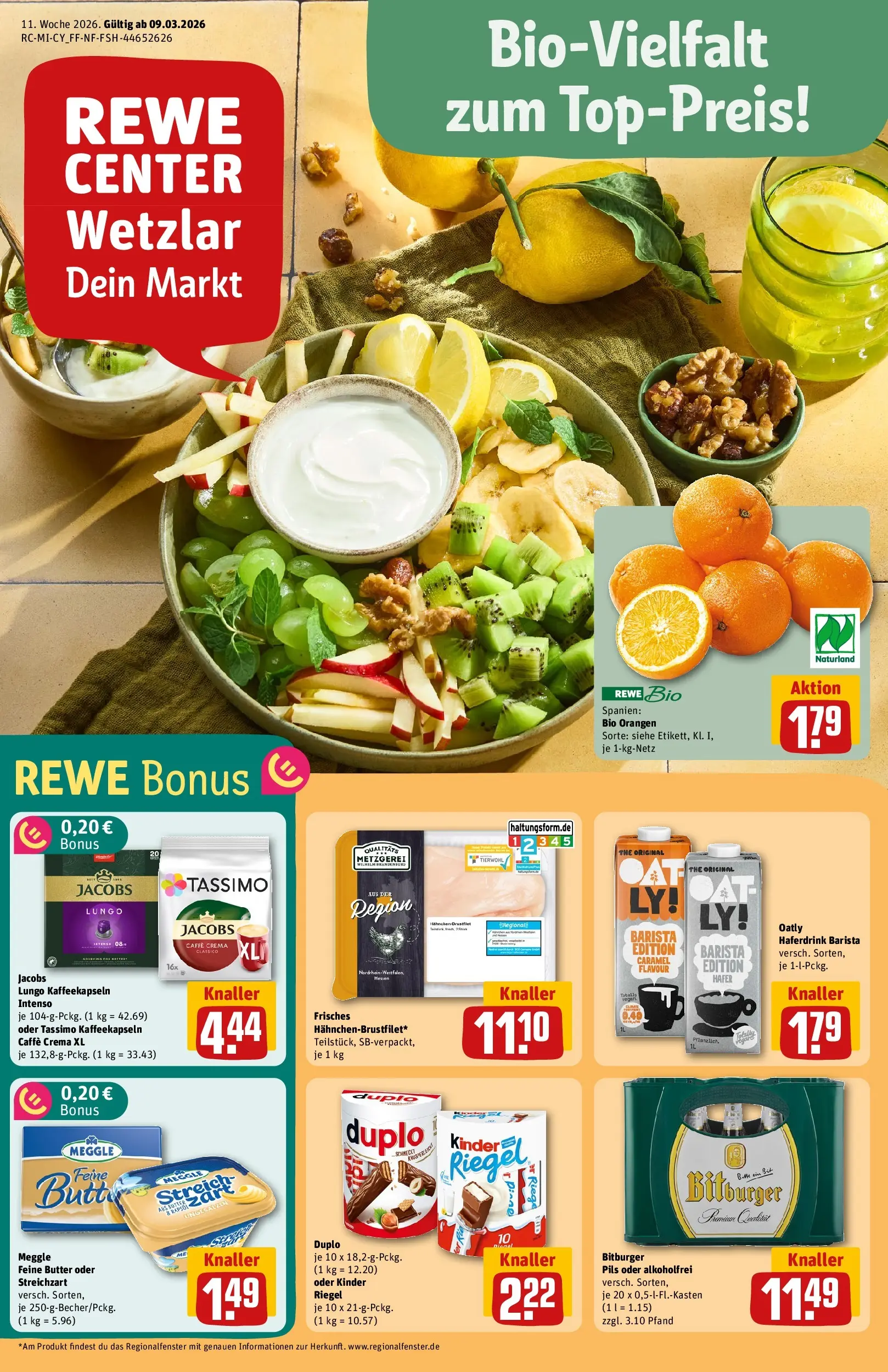 REWE Prospekt ab 09.03.2026 zum Blättern » Angebote | Seite: 1 | Produkte: Bitburger, Orangen, Oatly, Tassimo