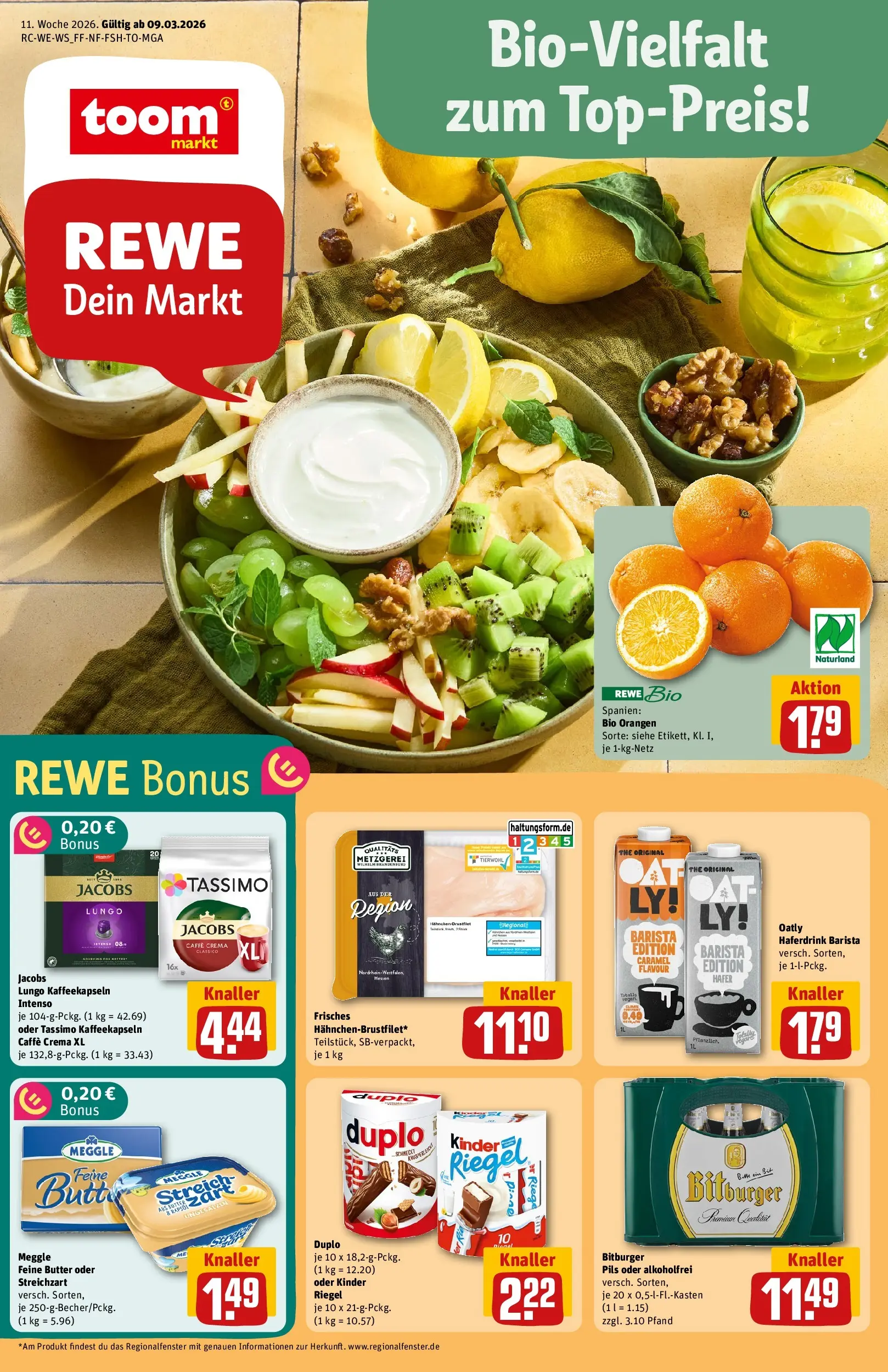 REWE Prospekt ab 09.03.2026 zum Blättern » Angebote | Seite: 1 | Produkte: Pils, Orangen, Oatly, Tassimo