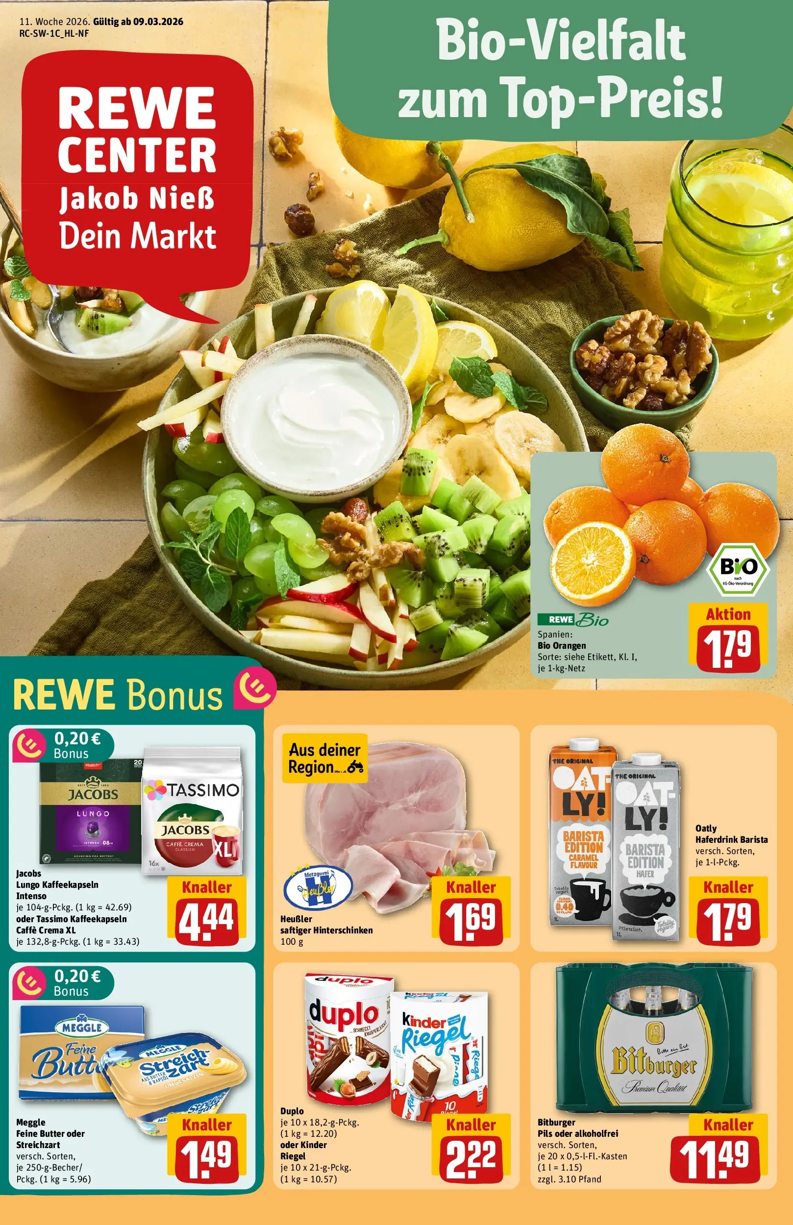 REWE Prospekt ab 09.03.2026 zum Blättern » Angebote | Seite: 1 | Produkte: Bitburger, Butter, Rapsöl, Orangen