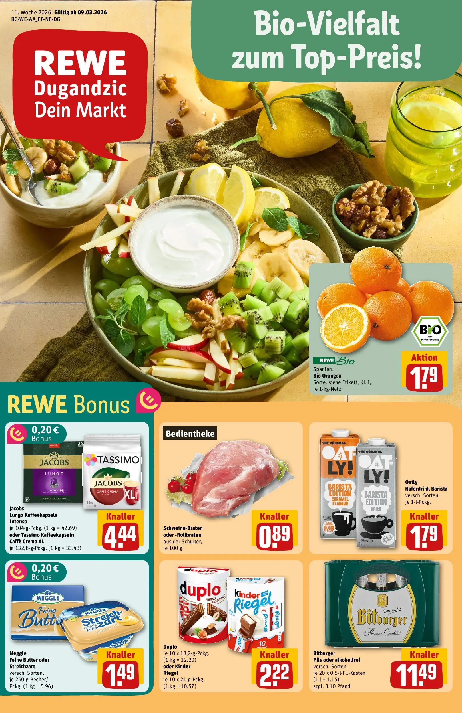 REWE Prospekt ab 09.03.2026 zum Blättern » Angebote | Seite: 1 | Produkte: Butter, Orangen, Kinder riegel, Tassimo