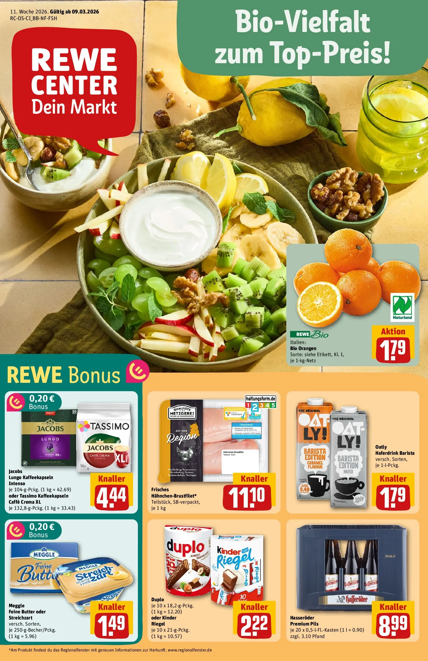REWE Prospekt ab 09.03.2026 zum Blättern » Angebote | Seite: 1 | Produkte: Butter, Rapsöl, Pils, Oatly