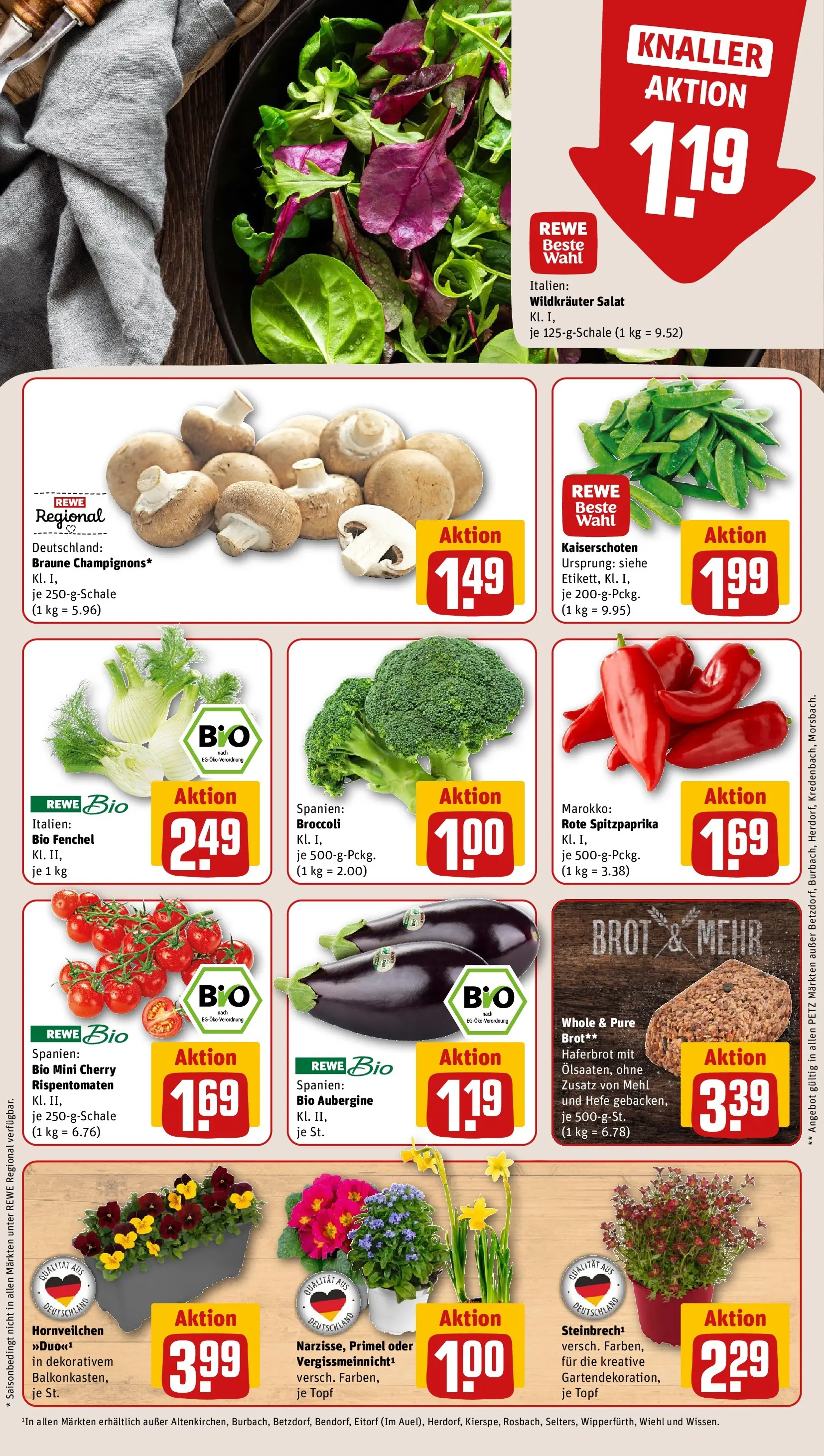 REWE Prospekt ab 09.03.2026 zum Blättern » Angebote | Seite: 9 | Produkte: Mehl, Aubergine, Brot, Salat