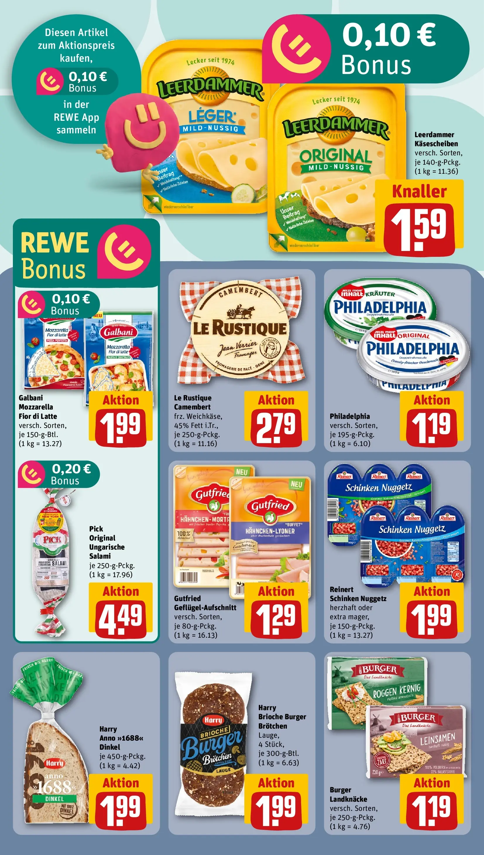 REWE Prospekt ab 09.03.2026 zum Blättern » Angebote | Seite: 14 | Produkte: Mozzarella, Burger, Leerdammer, Pizza