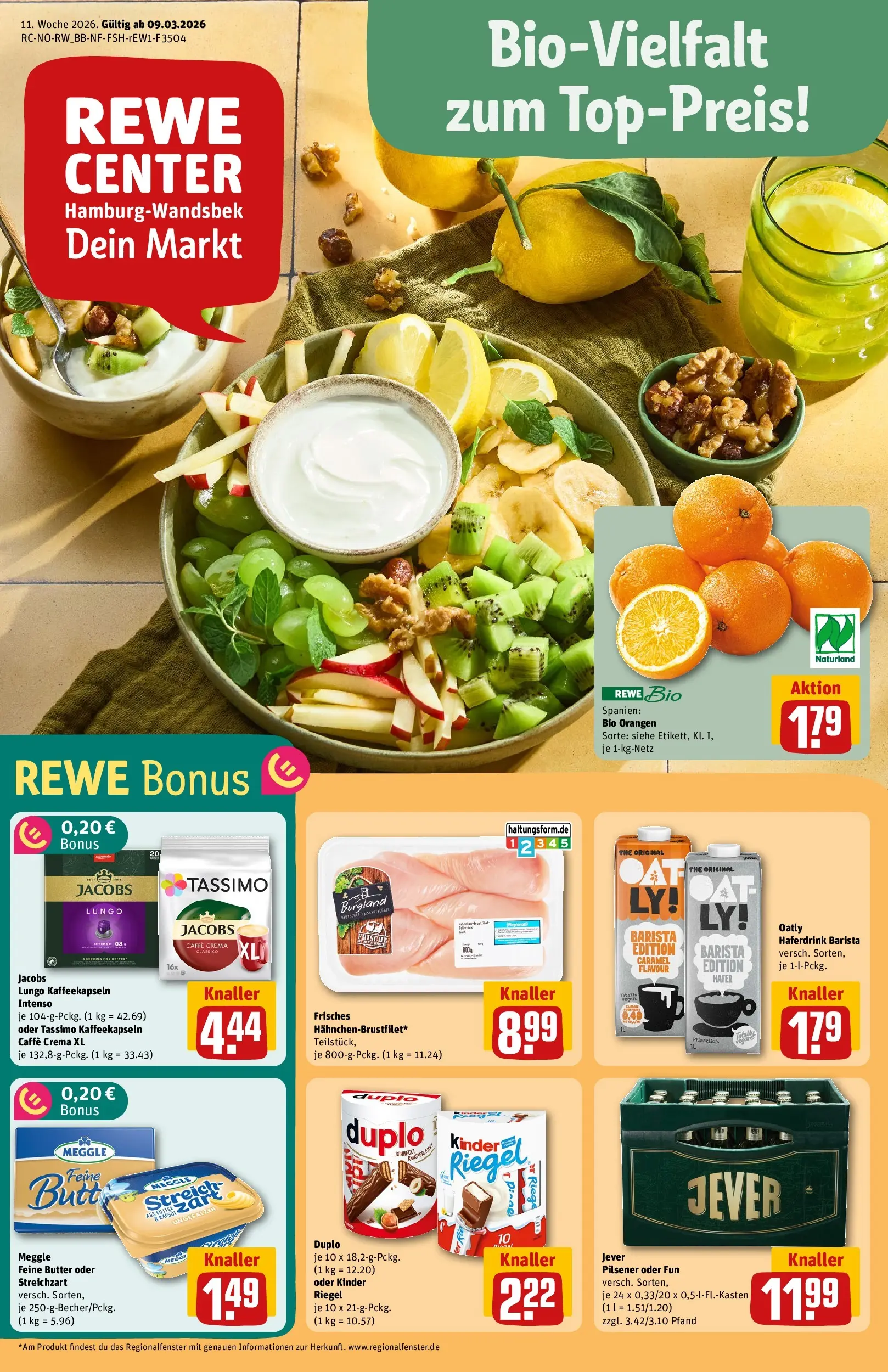 REWE Prospekt ab 09.03.2026 zum Blättern » Angebote | Seite: 1 | Produkte: Kinder riegel, Haferdrink, Jever, Tassimo