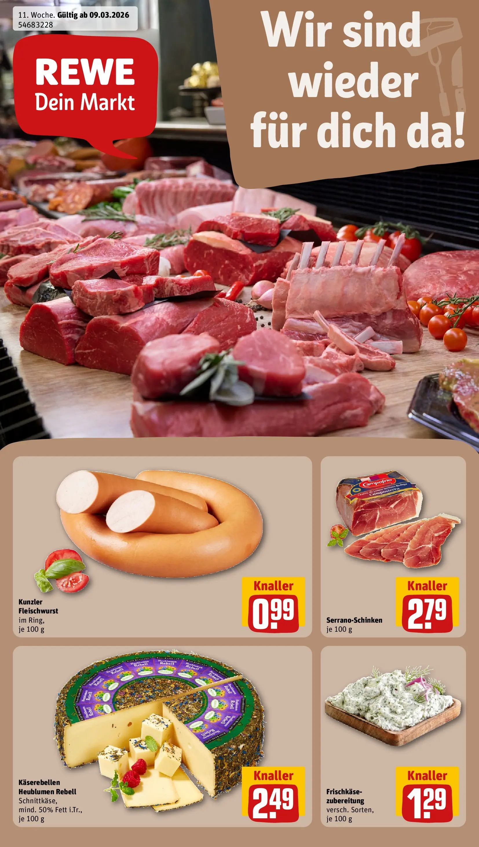 REWE Prospekt ab 09.03.2026 zum Blättern » Angebote | Seite: 1 | Produkte: Frischkase