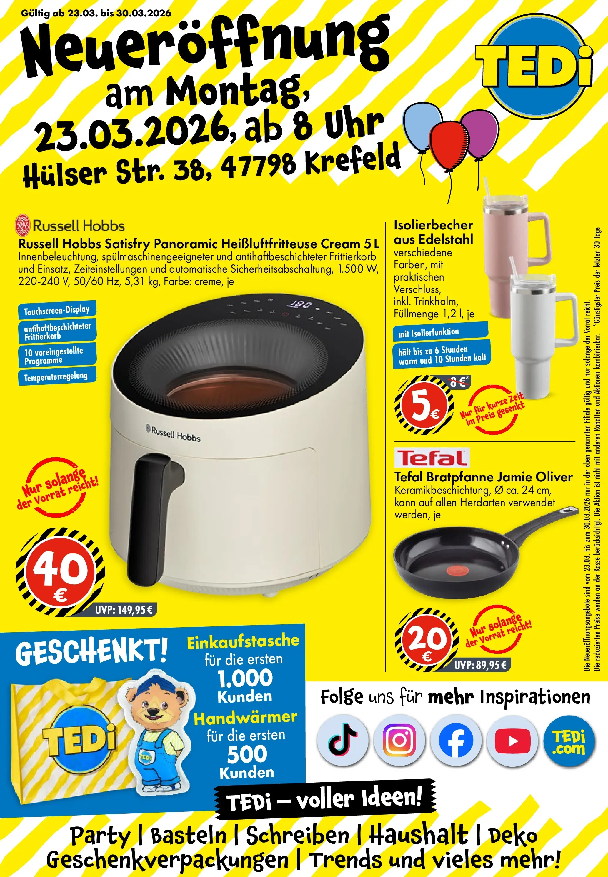 TEDi Neueröffnung Krefeld (ab 23.03.2026) zum Blättern | Seite: 1 | Produkte: Heißluftfritteuse, Uhr